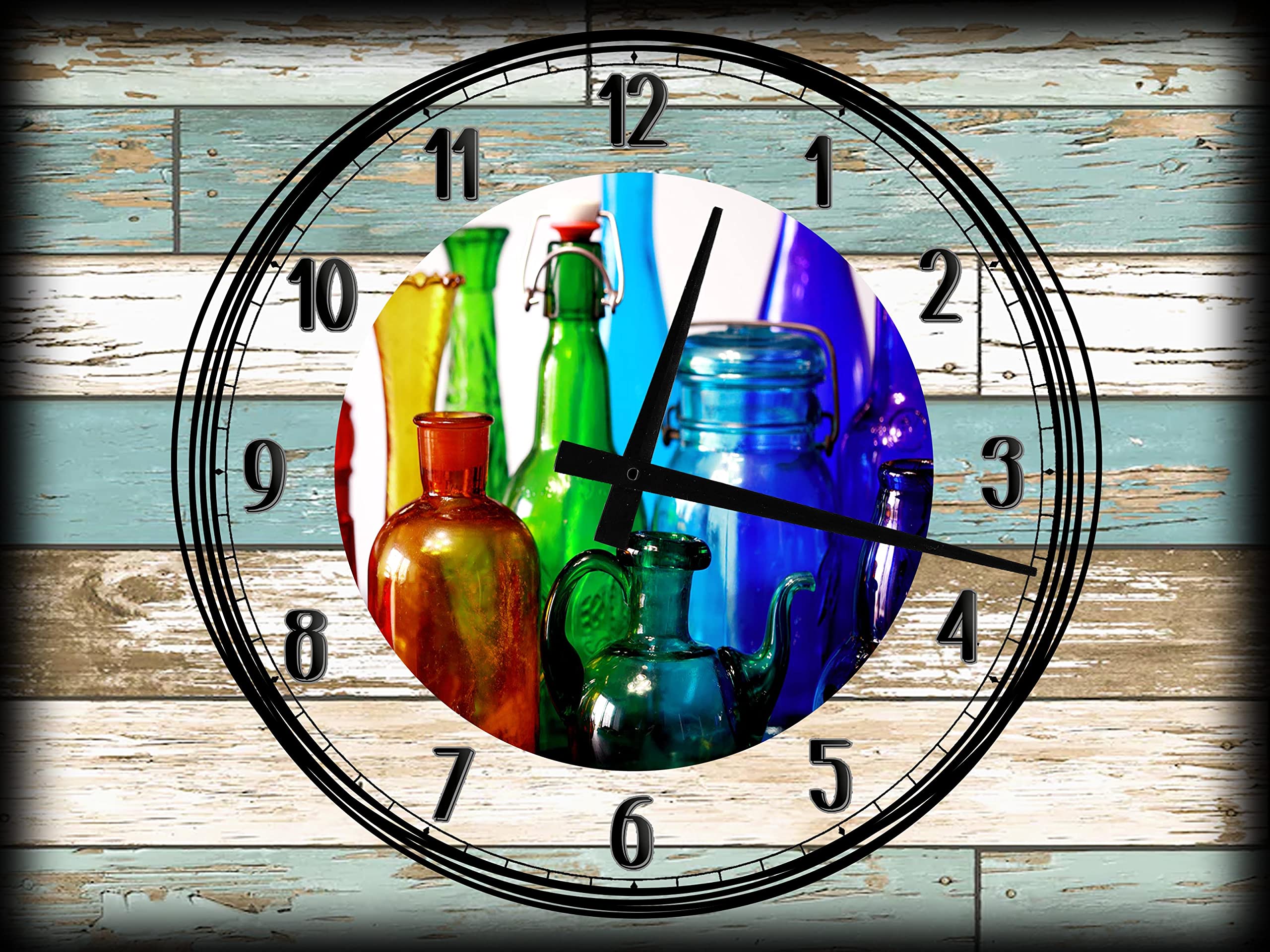 EVH Prints Large Teal White Wood Grain Wall Clock - 12 x 16 Inch Canvas Art for Kitchen, Living Room & Bedroom Decor - Blue Green Red Color Glass Bottles Wall Art - Perfect for Farmhouse, Coastal & Boho Home Decor Styles