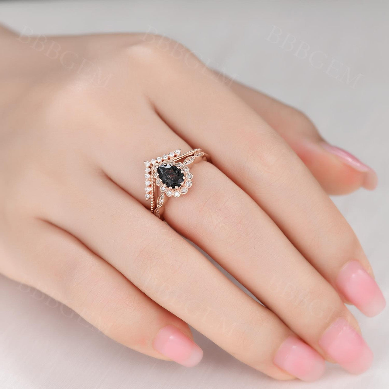 Pear Shaped Black Rutilated Engagement Ring - Rose Gold Diamond Wedding Band with Black Gemstone | Anniversary Gift for Her | Perfect for Proposals, Weddings & Special Occasions
