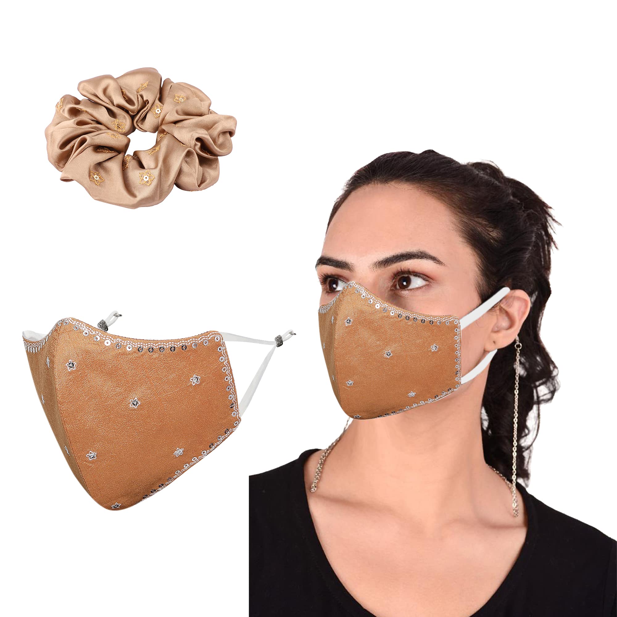 MASQ by Q-One Women's Embroidered Face Mask Set - 4-Layer Cotton Cloth Mask with Detachable Chain & Scrunchie Hair Tie (Medium Size, Gold, Pack of 2) - Perfect for Daily Wear, Workouts, and Fashion Accessories