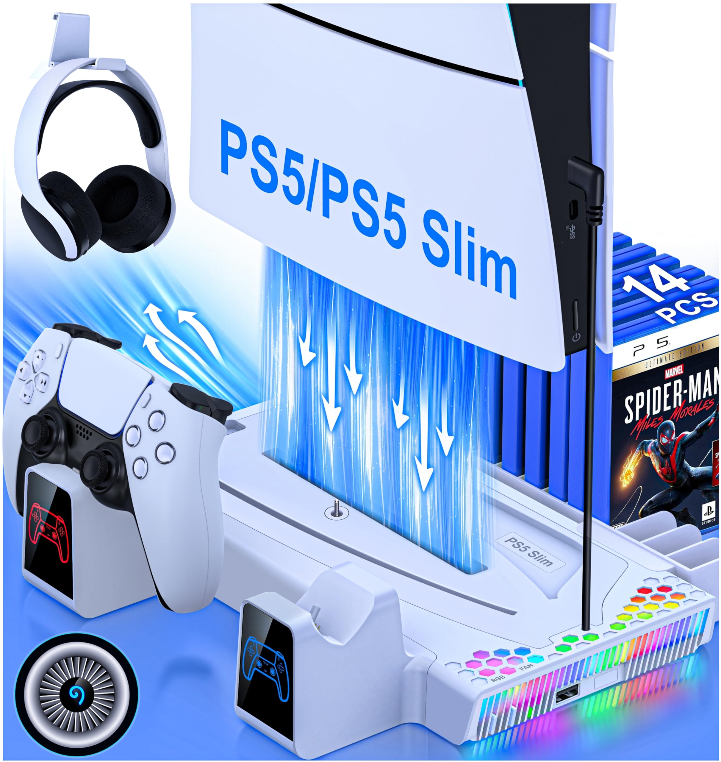 HELLCOOL PS5 Cooling Stand with Dual Controller Charger, 14 Game Slots, RGB Lights & USB Port - Cooling Fan Base for PS5 Disc/Digital Edition & PS5 Slim - Perfect for Gaming Setups & Entertainment Centers