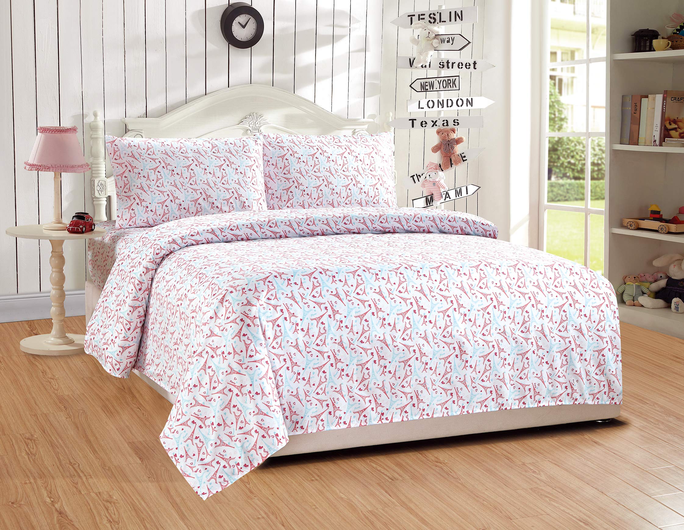 Paris Themed Linen Plus Sheet Set for Girls & Teens - Eiffel Tower Design in Hot Pink, Light Blue & White - Full Size Flat Sheet, Fitted Sheet & Pillowcases - Perfect for Teen Bedrooms, Dorm Rooms & Paris-Inspired Decor
