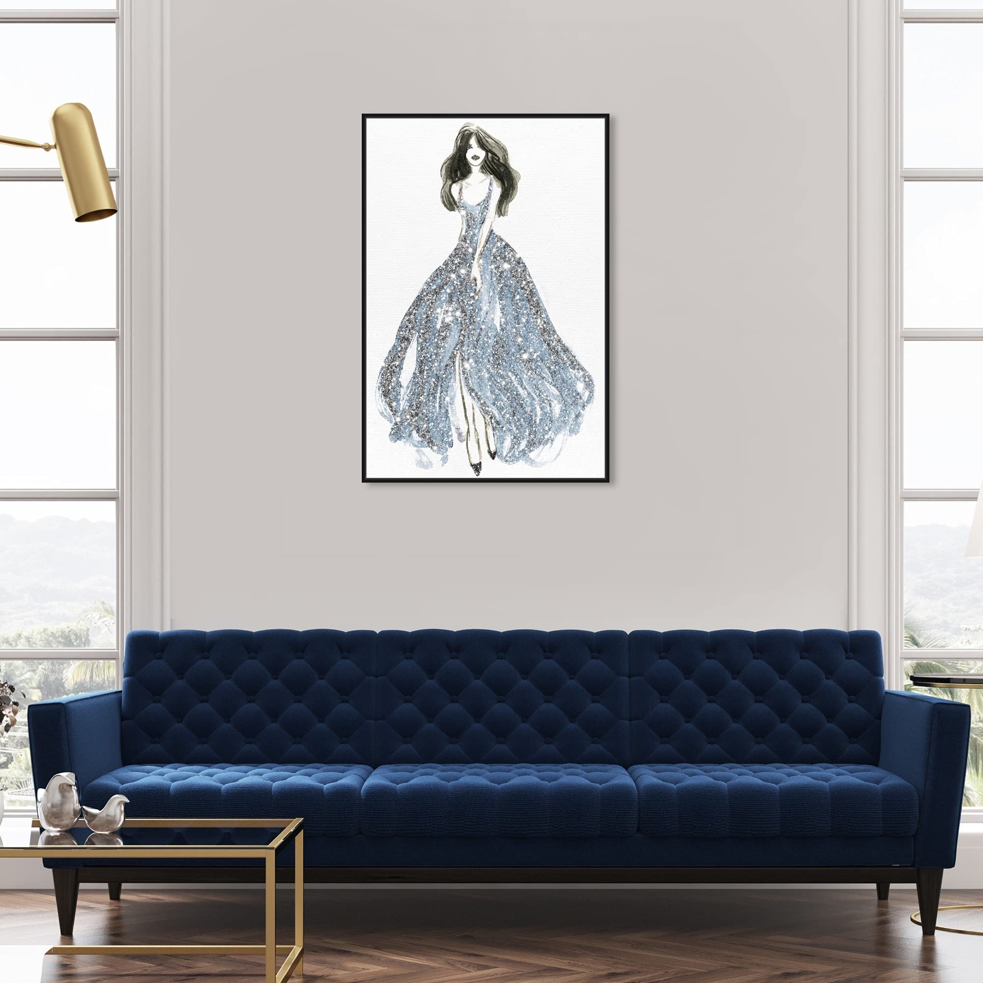 Oliver Gal Artist Co. Fashion & Glam Wall Art Canvas Print - Elegant Blue Dress Spring Decor, 24x36 Inch with Black Frame - Perfect for Living Room, Bedroom & Office Wall Decor