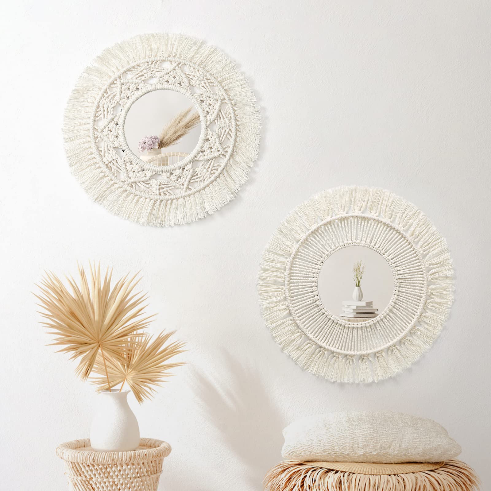 Dremisland 2-Pack Boho Macrame Hanging Wall Mirror - Round Decorative Mirror with Fringe for Bedroom, Living Room & Apartment | Perfect for Home Decor, Wall Art and Boho Style Interior Design