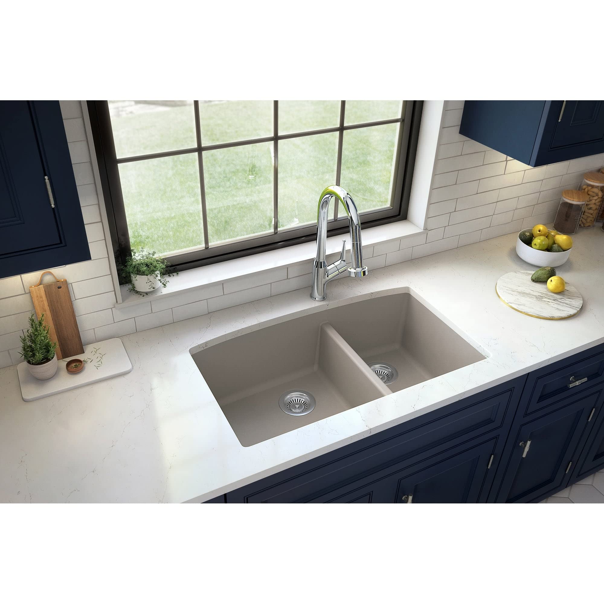Karran 32-Inch Undermount Double Bowl Kitchen Sink - 60/40 Quartz Composite in Concrete Gray | Durable & Stain-Resistant for Modern Kitchens, Perfect for Meal Prep and Cleanup