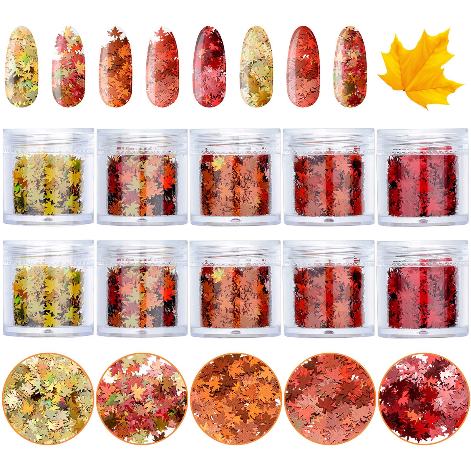 Maitys 10 Boxes Autumn Nail Glitter Stickers - Fall Maple Leaf Nail Sequins, Thanksgiving & Halloween Nail Decor, Christmas Holographic Nail Design Decals for Women DIY Manicure | Perfect for Seasonal Nail Art, Party Nails, and Festive Holiday Nail Designs