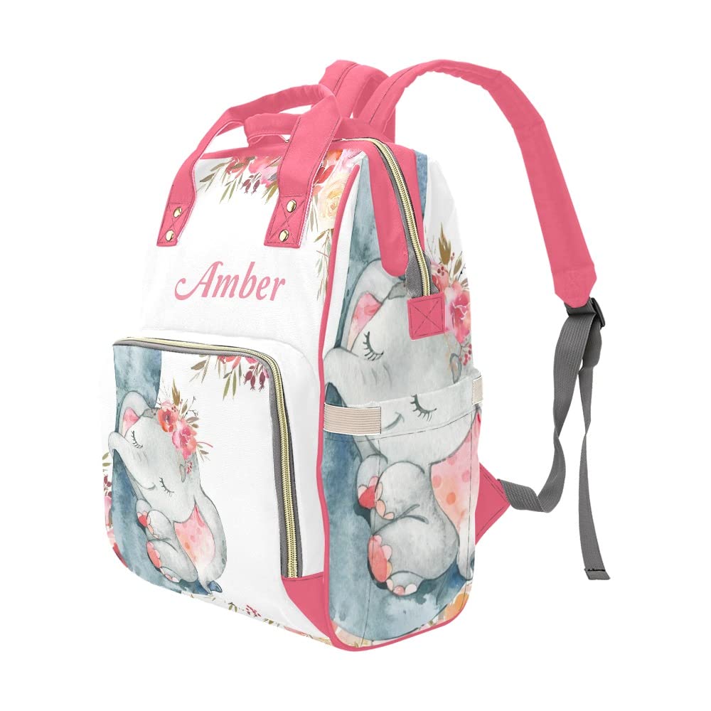 Personalized Elephant Red Flower Diaper Backpack - Waterproof Baby Nursing Travel Bag with Name Tag | Perfect Baby Shower Gift for New Moms | Ideal for Daycare, Park Outings & Family Trips