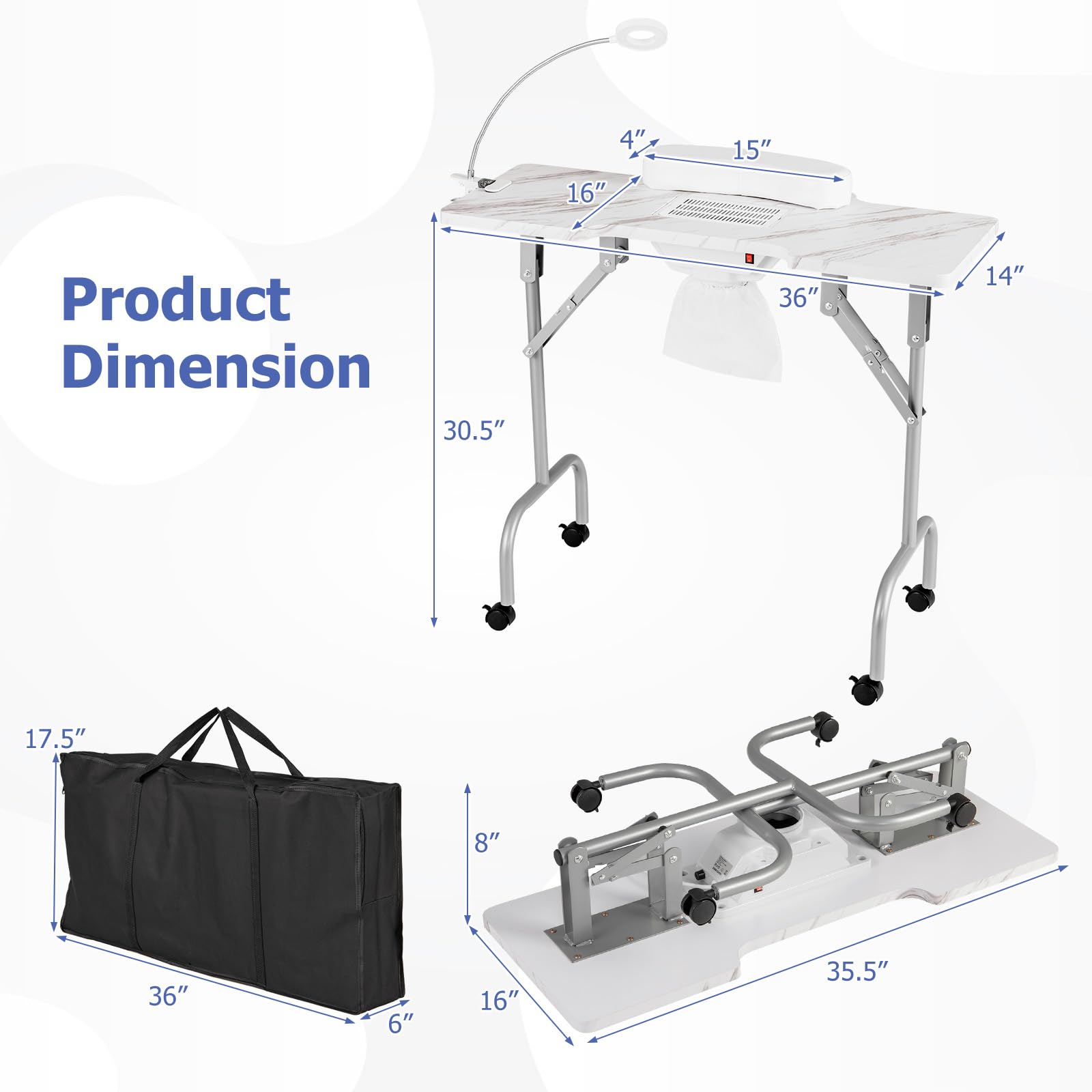 Giantex Foldable Nail Tech Desk with Built-in Dust Collector Fan, Adjustable LED Light & Wrist Pad - Portable Manicure Table with 4 Lockable Wheels & Carrying Case, Marble White - Perfect for Salon Professionals & Home Nail Artists
