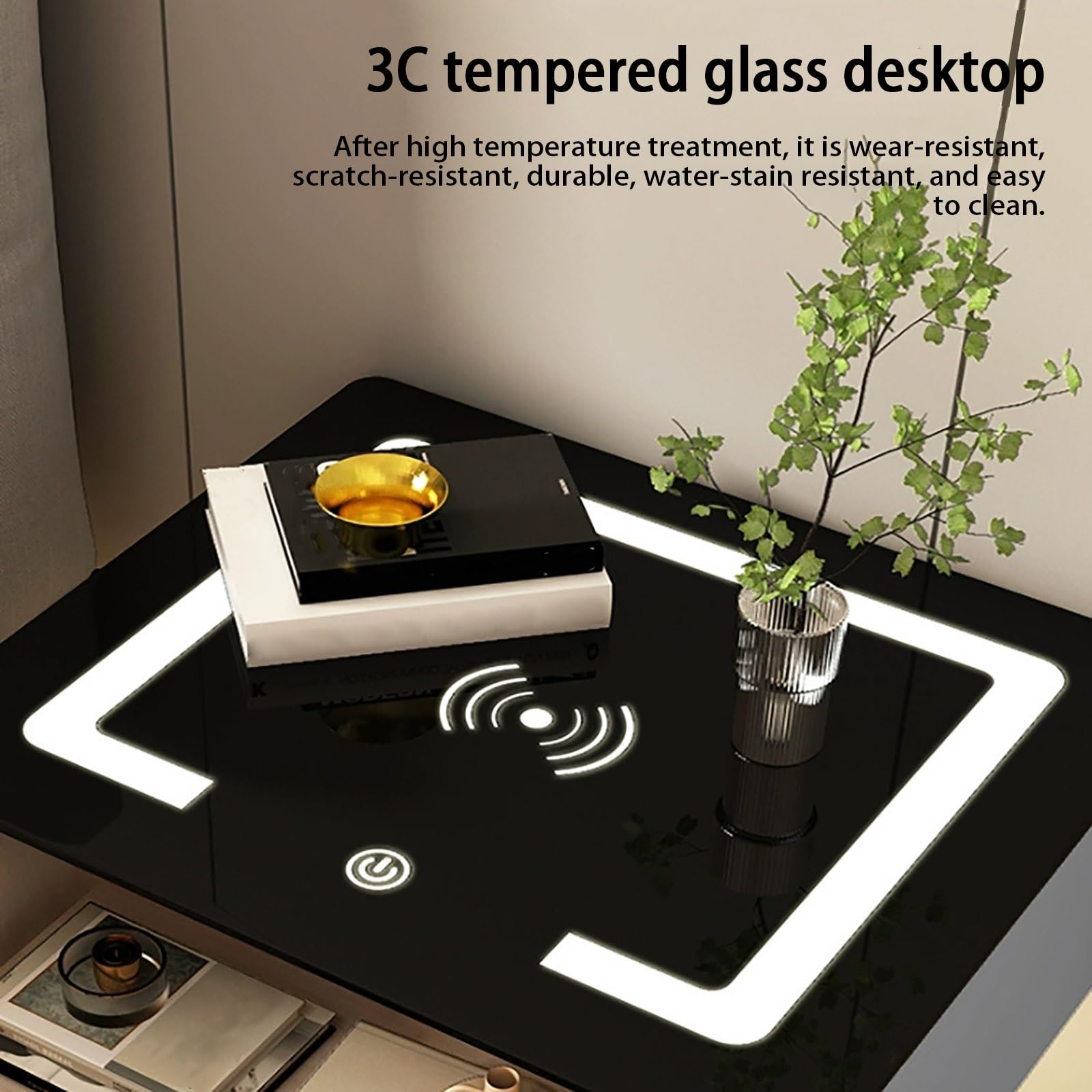 Multifunctional Floating Smart Bedside Table with LED Light & Wireless Charging, Storage Drawers & Tempered Glass Top - Modern Nightstand for Bedroom, Living Room, Office (Black/White) - Perfect for Small Spaces, Reading, Charging Devices & Organizing Essentials