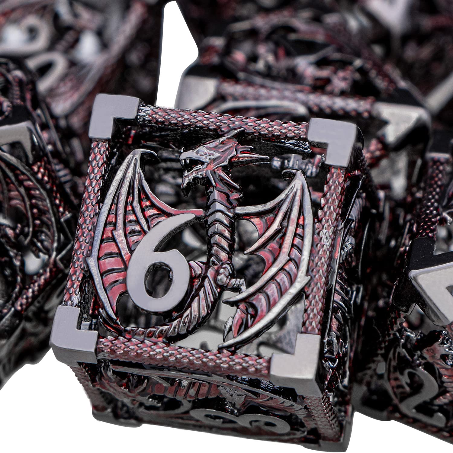 ARUOHHA Hollow Metal Dice Set for Dungeons and Dragons - Black & Red Polyhedral RPG Dice (D20, D12, D10, D8, D6, D4) with Gift Box - Perfect for Tabletop Gaming, D&D Campaigns, and Fantasy Role-Playing Games