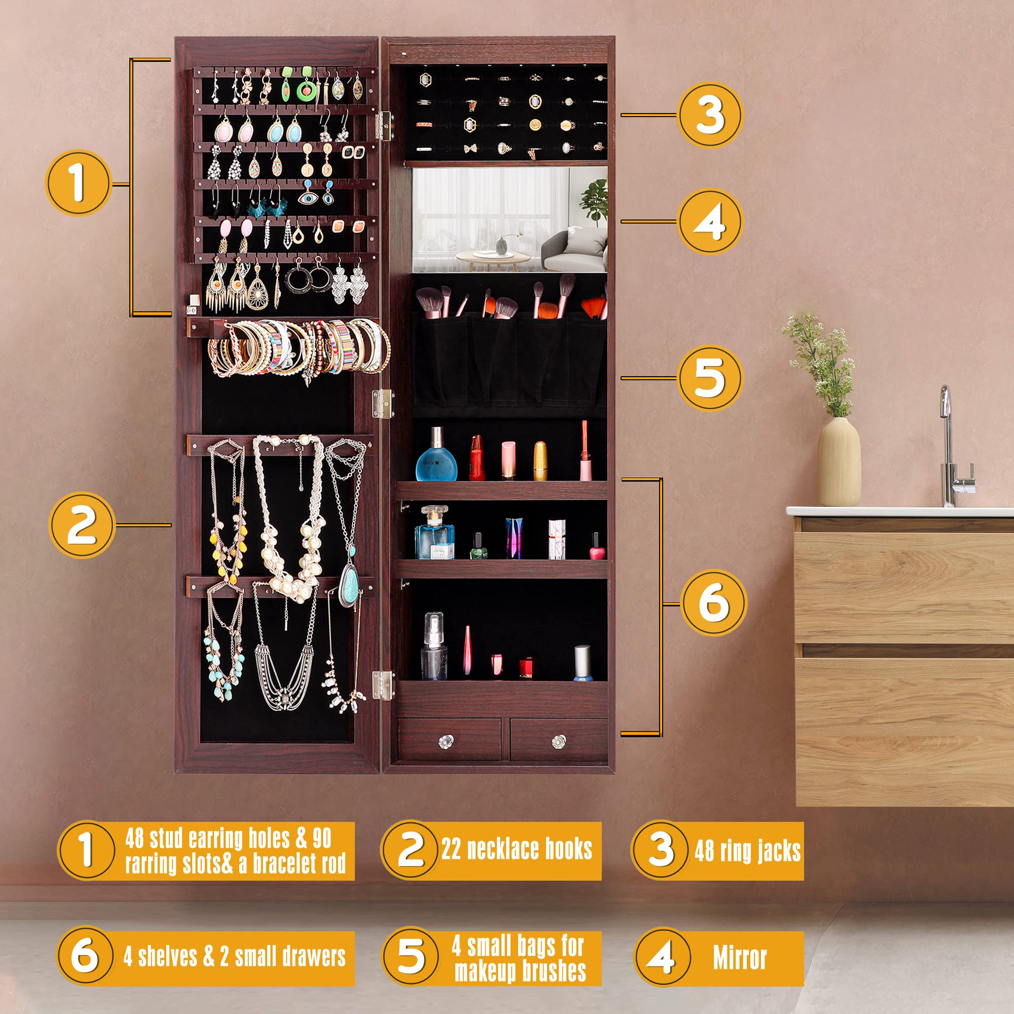 6 LED Jewelry Armoire Organizer - Wall/Door Mounted Full Length Mirror Jewelry Cabinet with Built-in Lights, Fashion Jewelry Storage for Necklaces, Rings & Earrings - Perfect for Bedroom, Closet & Dressing Room Organization (Brown)