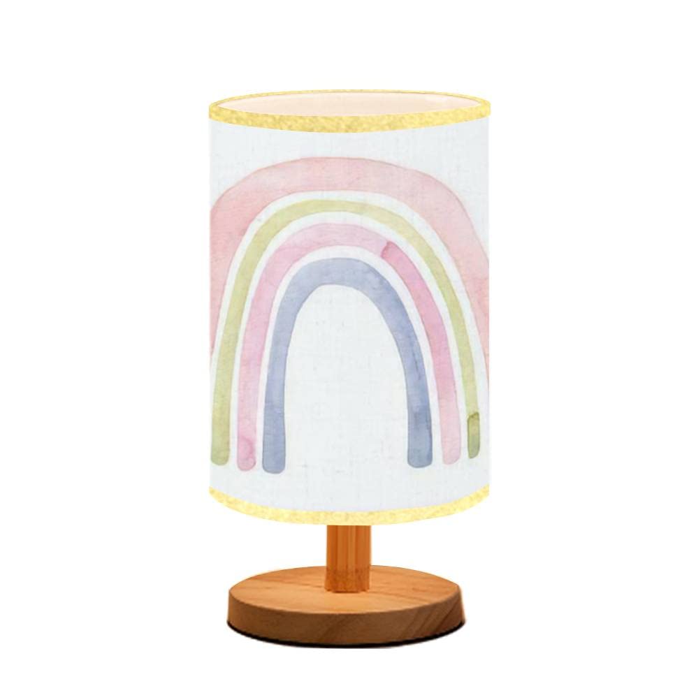 Boho Rainbow Watercolor Table Lamp - Minimalist Wooden Nightstand Light with Flaxen Fabric Shade for Bedroom, Living Room & Nursery | Perfect for Breastfeeding, Reading & Relaxing | Decorative Desk Lamp for Home Office & Dorm