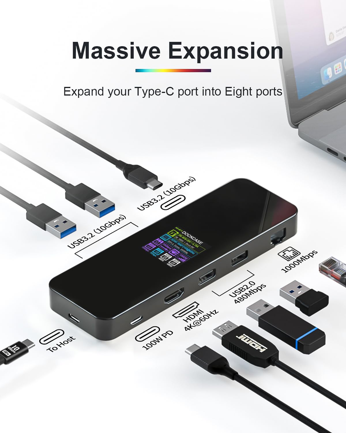 DOCKCASE 8-in-1 Smart USB C Hub with Cooling Fan - 4K@60Hz HDMI, 100W PD 3.0, Gigabit Ethernet, 3 USB 3.2 Ports, 2 USB 2.0 Ports - Compatible with MacBook Pro/Air & M1 iPad Pro - Perfect for Work, Gaming & Home Office Setup