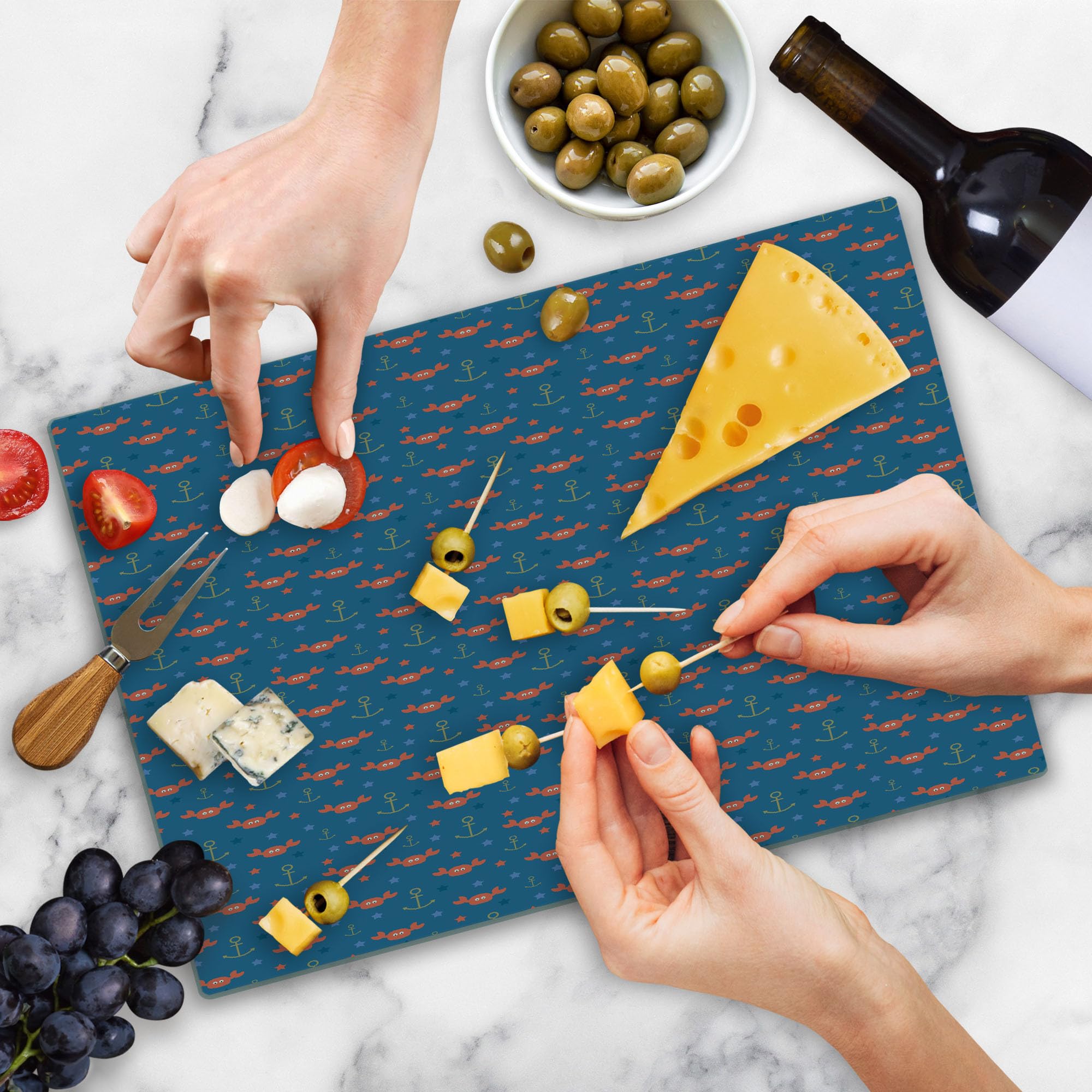 Ambesonne Under the Sea Cartoon Style Cutting Board - Tempered Glass Serving Board with Sea Crabs, Stars & Anchors - Large Decorative Kitchen Accessory for Seafood Parties, Beach Themed Dinners & Coastal Home Decor