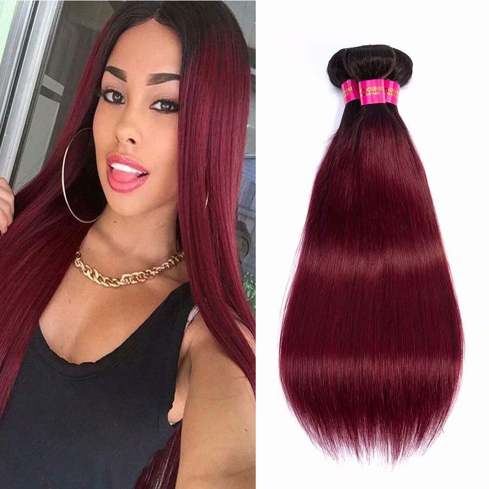8A Grade Ombre Brazilian Human Hair Straight Extensions - Dark Root to Burgundy Ombre 3 Bundles (14 16 18 Inch) | Premium Red Straight Hair Weft for Styling & Volume | Perfect for Daily Wear, Parties & Special Occasions