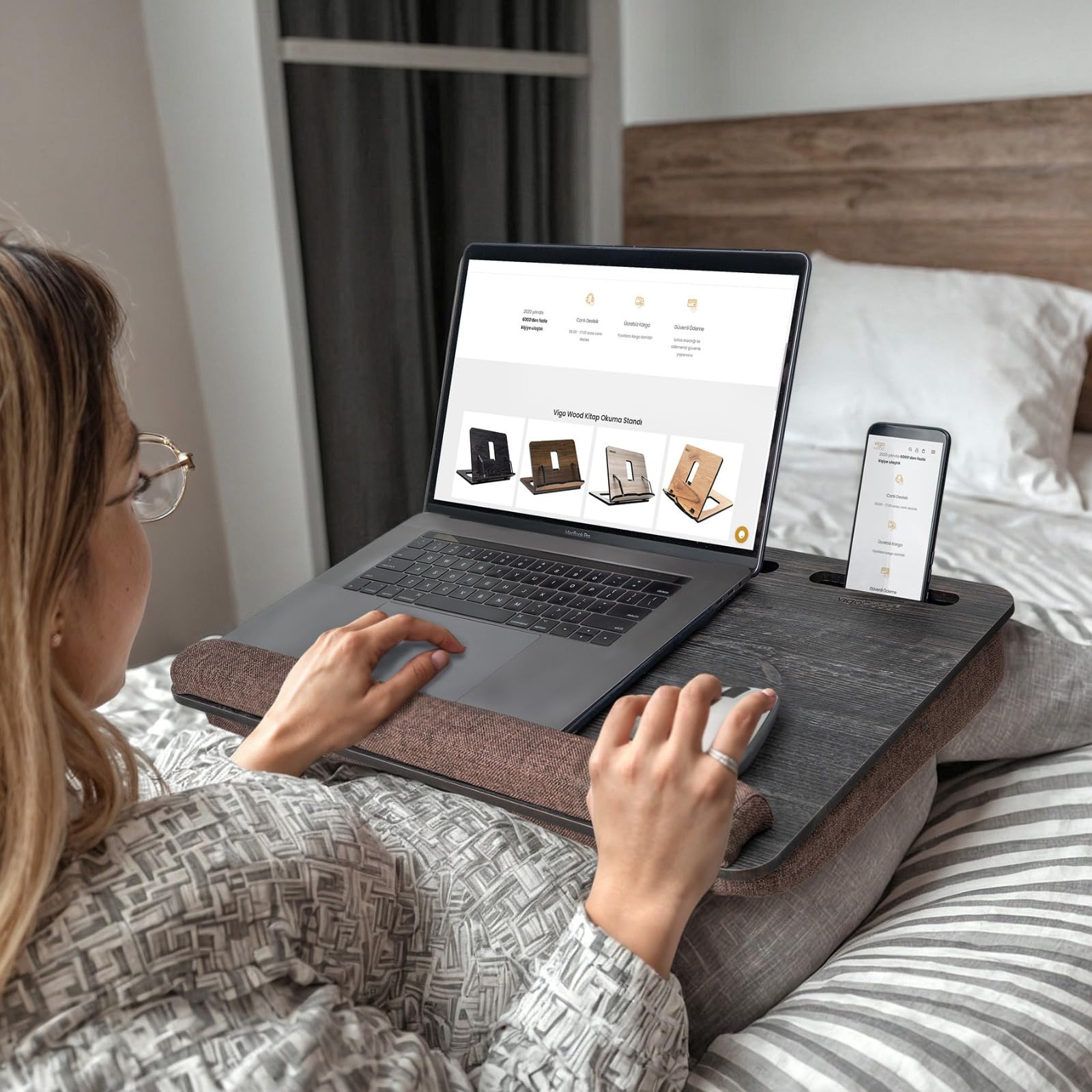 Ergonomic Adjustable Wooden Laptop Stand for Desk with Cushion - Height Adjustable Laptop Riser for 17.3