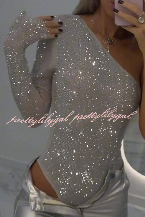 Elegant Solid Color Sequined One Shoulder Slim Fit Romper for Women - Perfect for Parties, Night Out, and Special Occasions