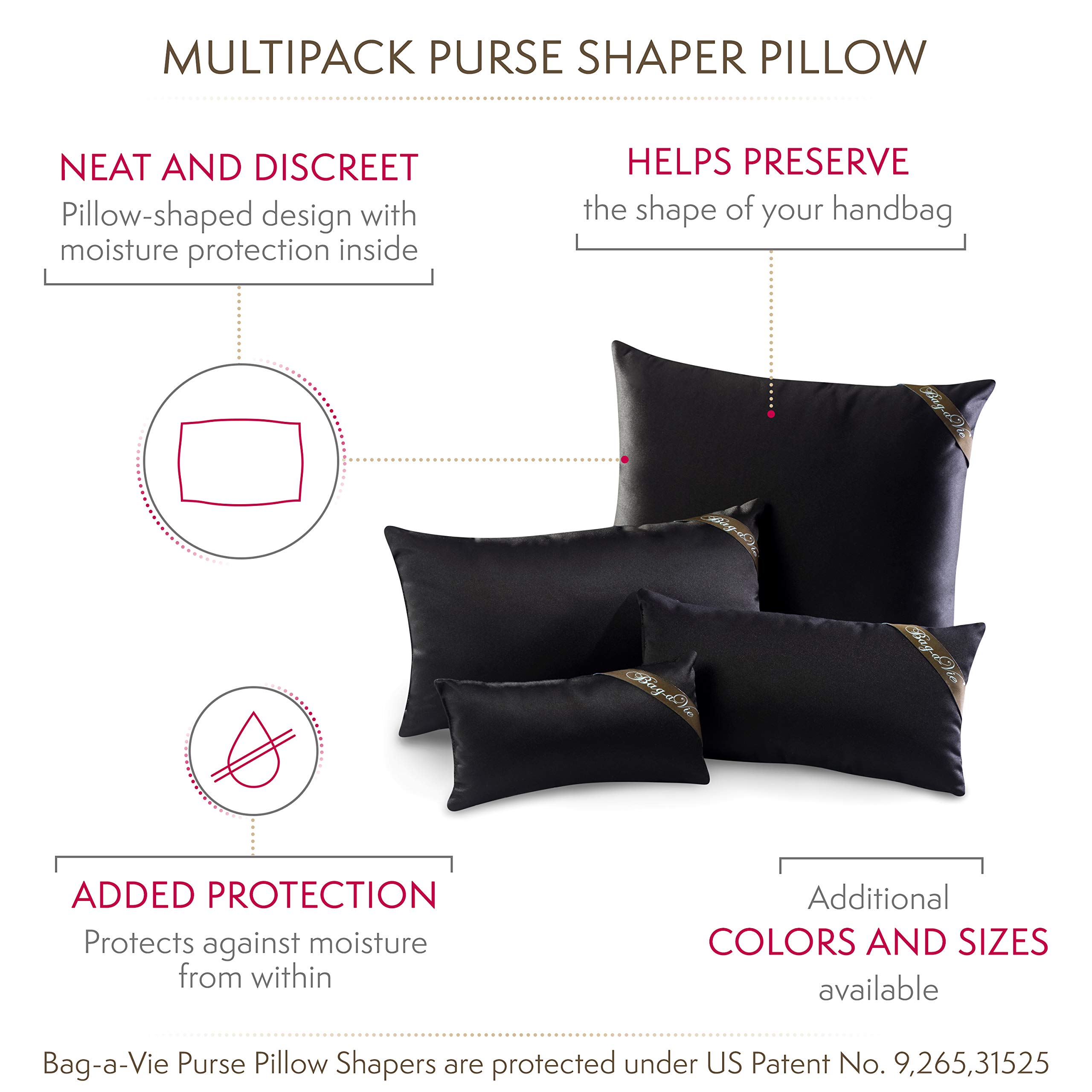 Luxury Purse and Handbag Shapers - Bag-a-Vie Purse Pillow Insert Organizer (4-Pack, Black) | Keep Your Designer Bags in Perfect Shape for Storage & Display