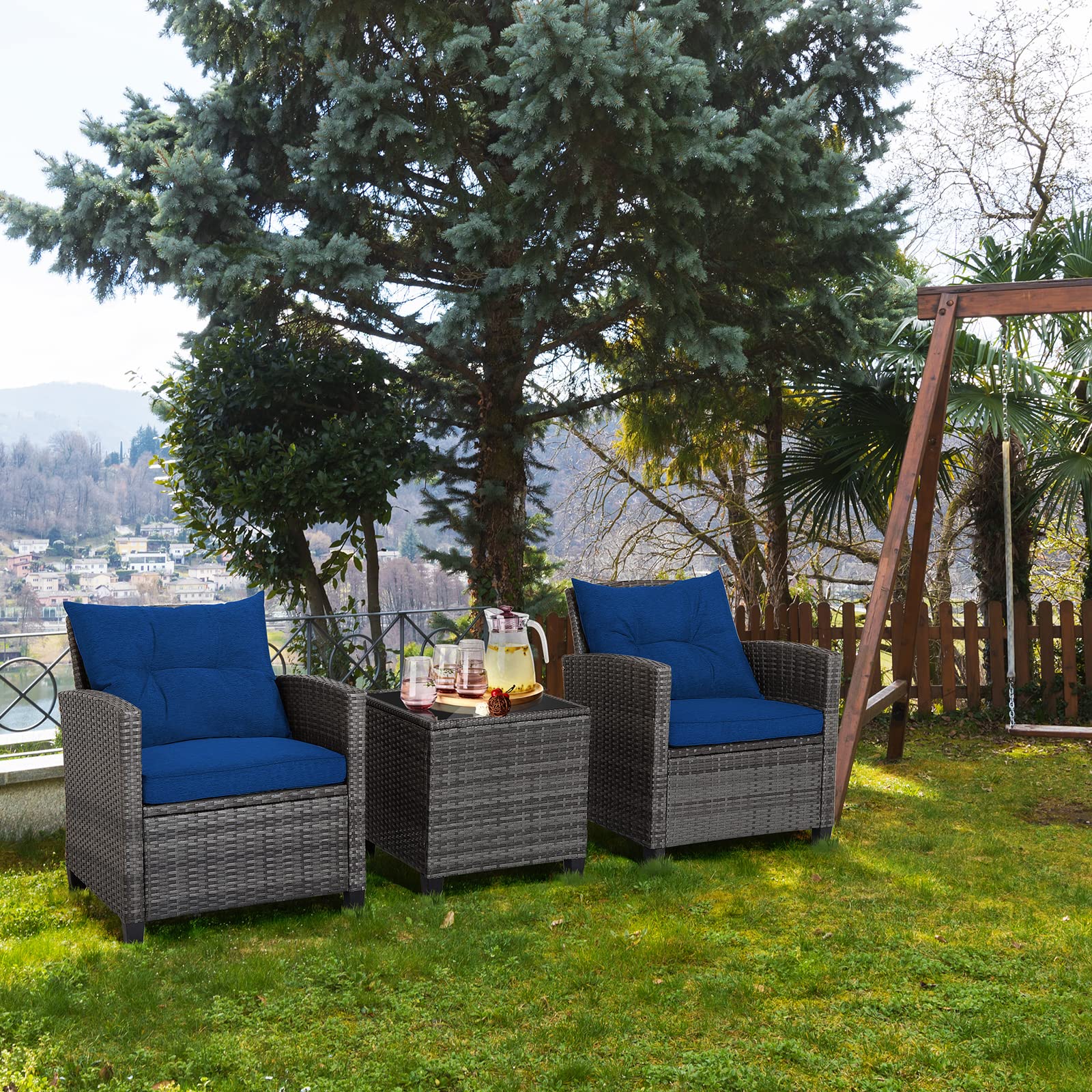 RELAX4LIFE 3-Piece Wicker Patio Furniture Set - Outdoor Rattan Sofa Conversation Set with Tempered Glass Table & Heavy-Duty Steel Frame - Navy Blue Wicker Chair Set for Poolside, Backyard, Garden, Patio & Outdoor Relaxation