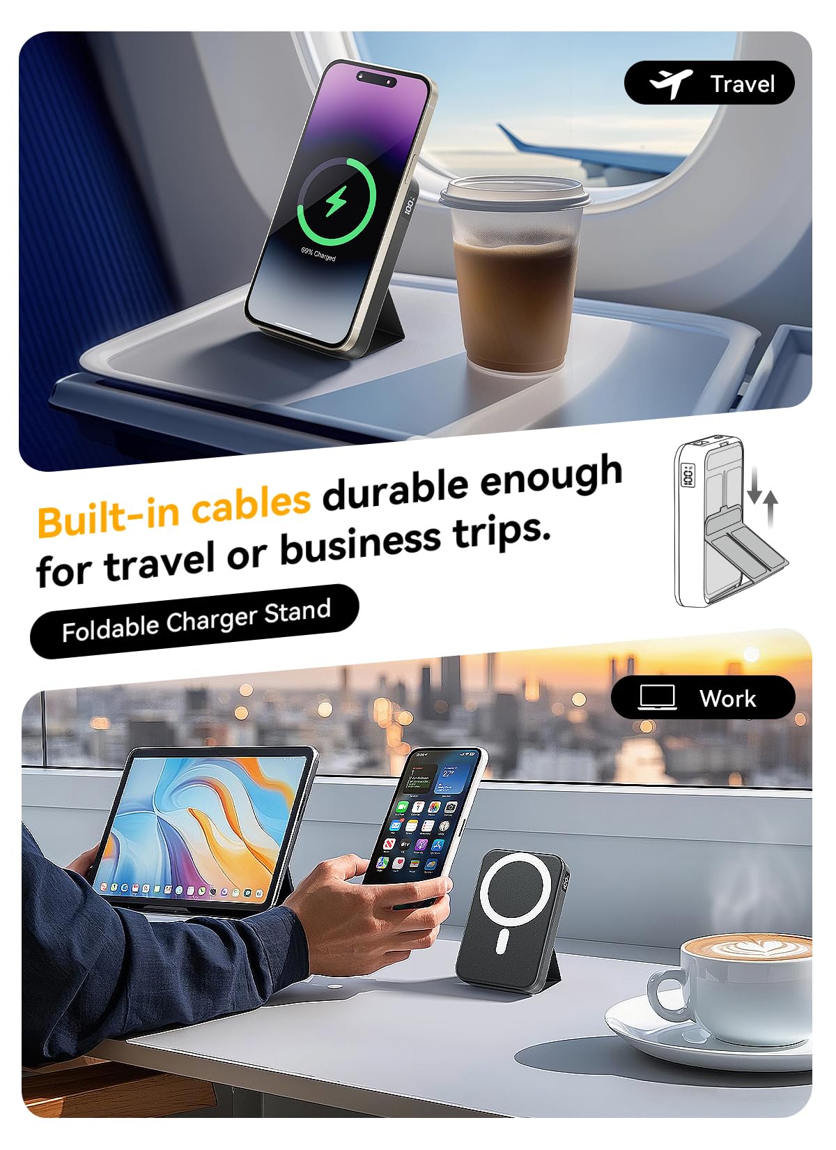 10000mAh Magsafe Battery Pack - Wireless Portable Charger with 20W USB-C Fast Charging, Magnetic Power Bank with Foldable Stand & LED Display - Compatible with iPhone 16/15/14/13/12 Series | Perfect for Travel, Work & Outdoor Activities