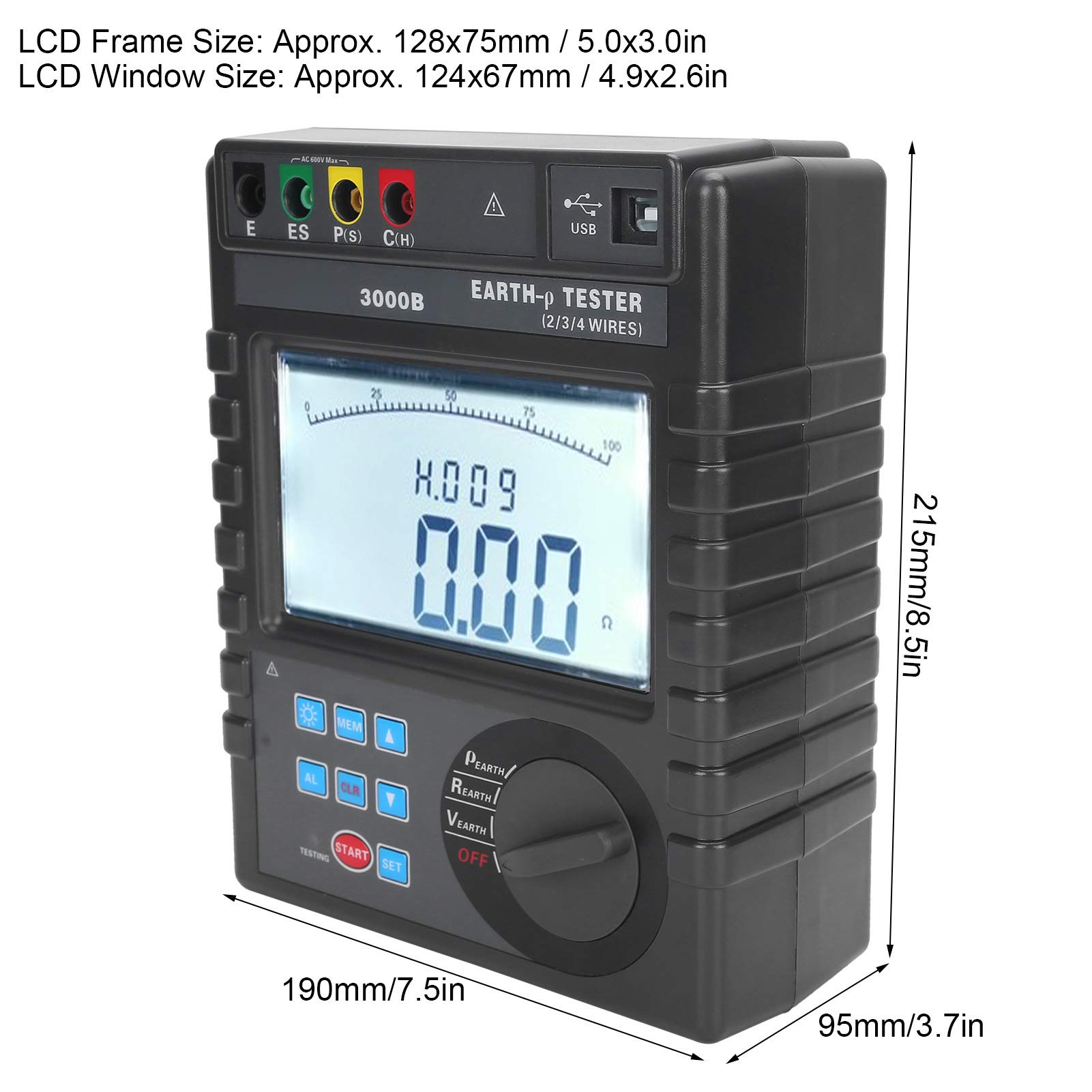 0-9000kΩm Digital Soil Resistivity Meter - 2/3/4 Pole Earth Resistance Tester for Soil Resistivity, Ground Voltage & AC Voltage Measurement | Perfect for Electrical Engineering, Agriculture & Construction Site Testing