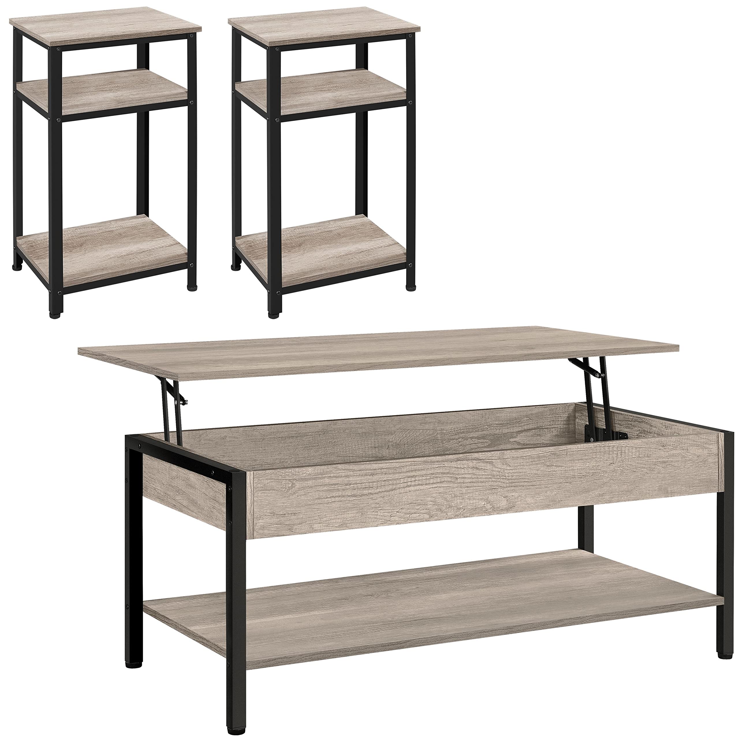 Yaheetech 3-Piece Lift Top Coffee Table Set with Hidden Storage - Industrial Style Grey Living Room Furniture for Small Spaces, Home Office & Apartment Decor
