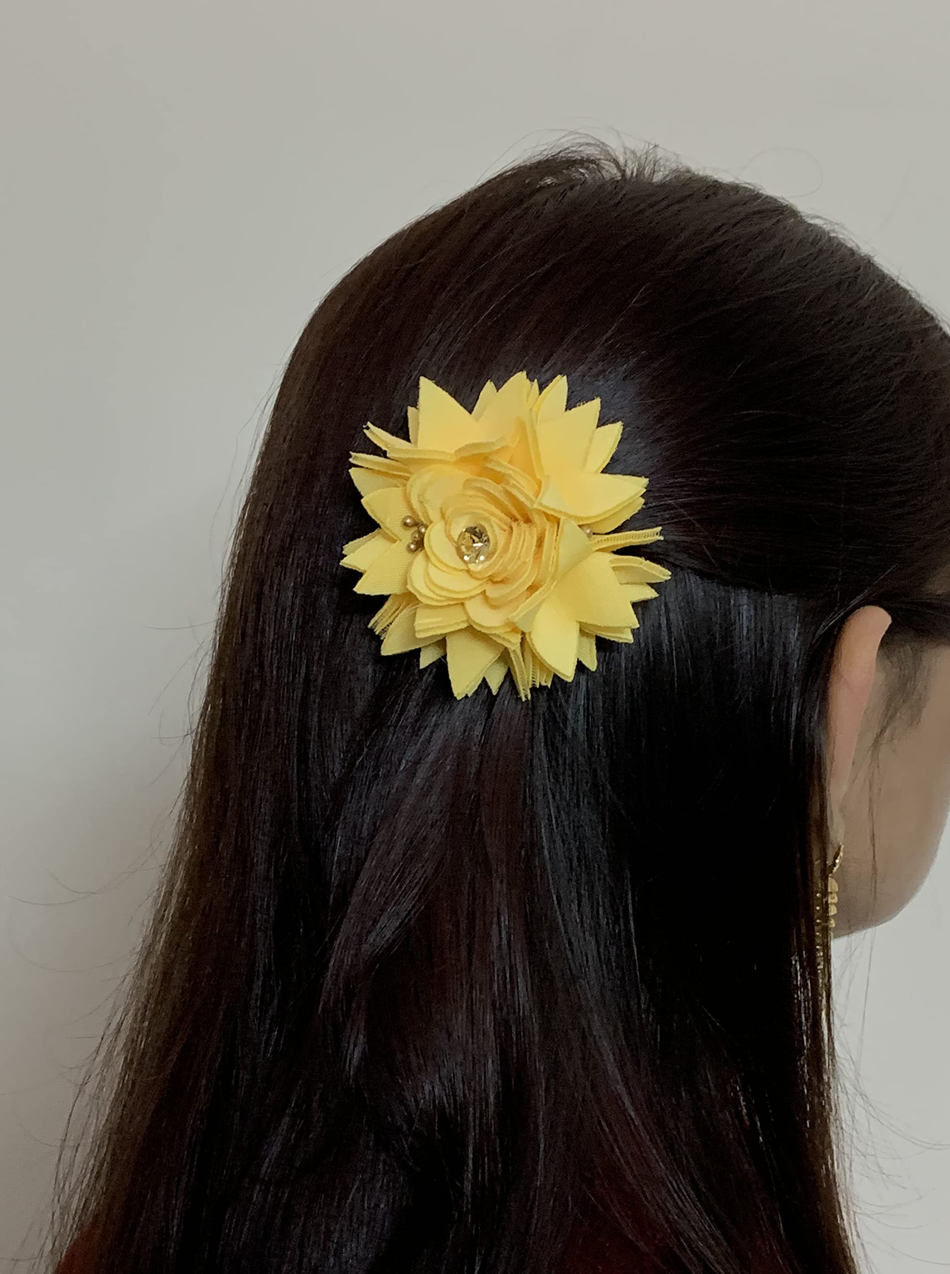 GadinFashion™ Yellow Bridal Juda Pins for Women - Set of 2 Crystal Rhinestone Hair Pins with Red Flower for Wedding, Party & Special Occasions