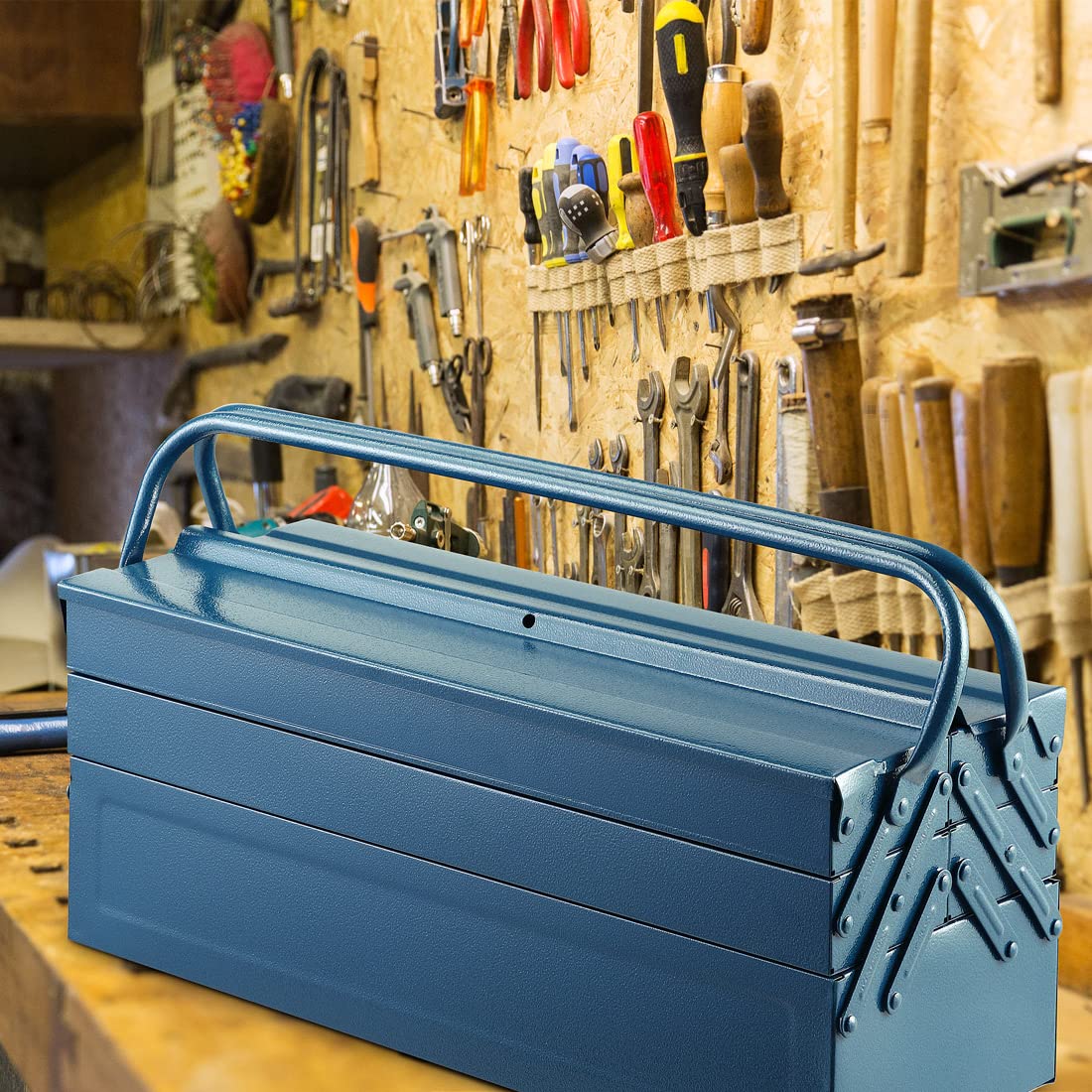 Blue Empty Tool Box with 5 Compartments - Large 53x20x20cm Tool Storage Case for Garage & Workshop Organization - Perfect for DIY, Home Repair, and Professional Tool Storage