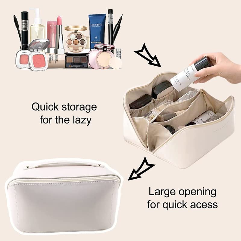 VEHTRI Large Capacity Waterproof Leather Travel Cosmetic Bag - Flat Opening Makeup Organizer with Handle & Divider for Easy Access | Perfect for Vacation, Business Trips & Daily Toiletry Storage