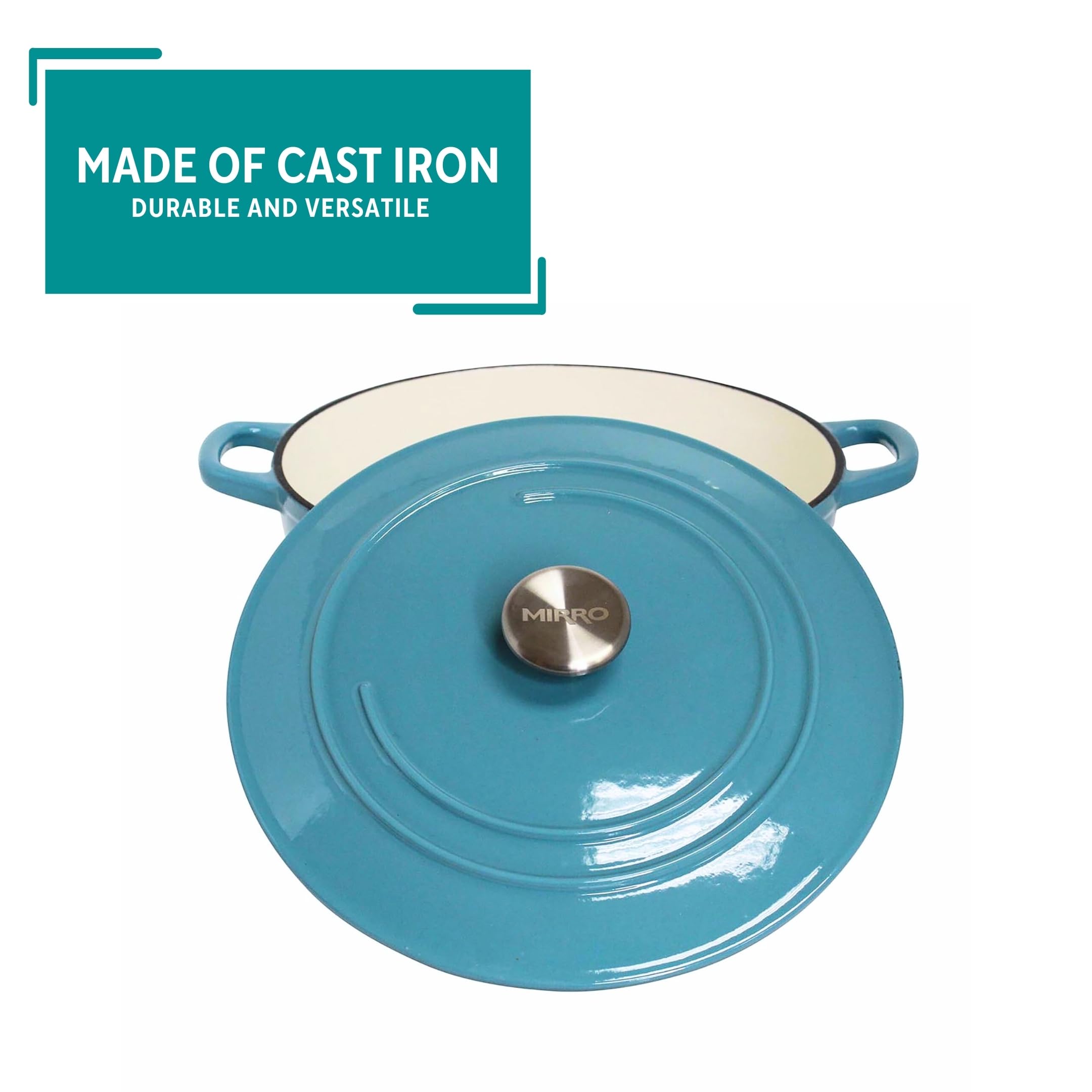 MIRRO 4.8 Quart Enameled Cast Iron Dutch Oven - Teal Blue Color - Perfect for Baking, Braising, Roasting & Slow Cooking Soups, Stews & Bread