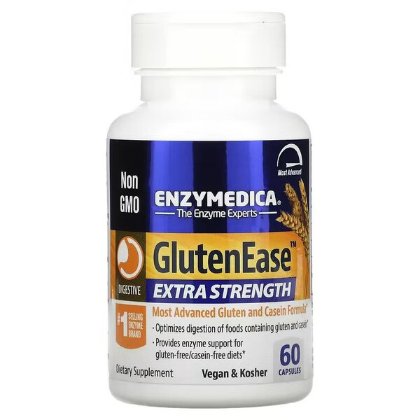 Enzymedica GlutenEase Extra Strength Digestive Enzyme Supplement - 60 Capsules for Gluten & Dairy Digestion - Supports Comfort After Meals for Sensitive Stomachs