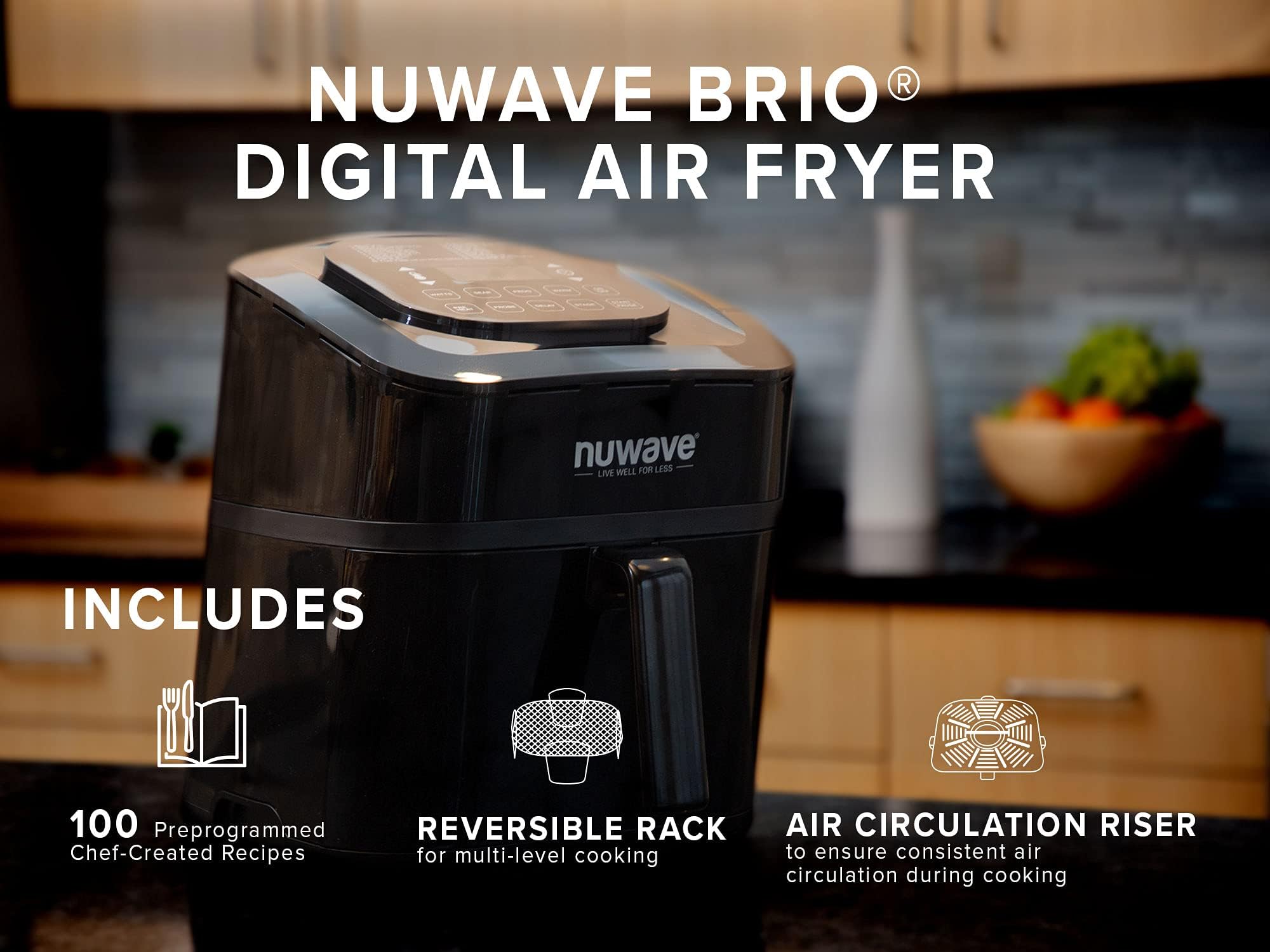 NUWAVE Brio 7-in-1 Air Fryer Oven with Digital Controls - 7.25 Quart Capacity, Non-Stick Basket & Reversible Rack - Perfect for Healthy Cooking, Baking, Roasting & Reheating Food - Ideal for Family Meals & Quick Snacks