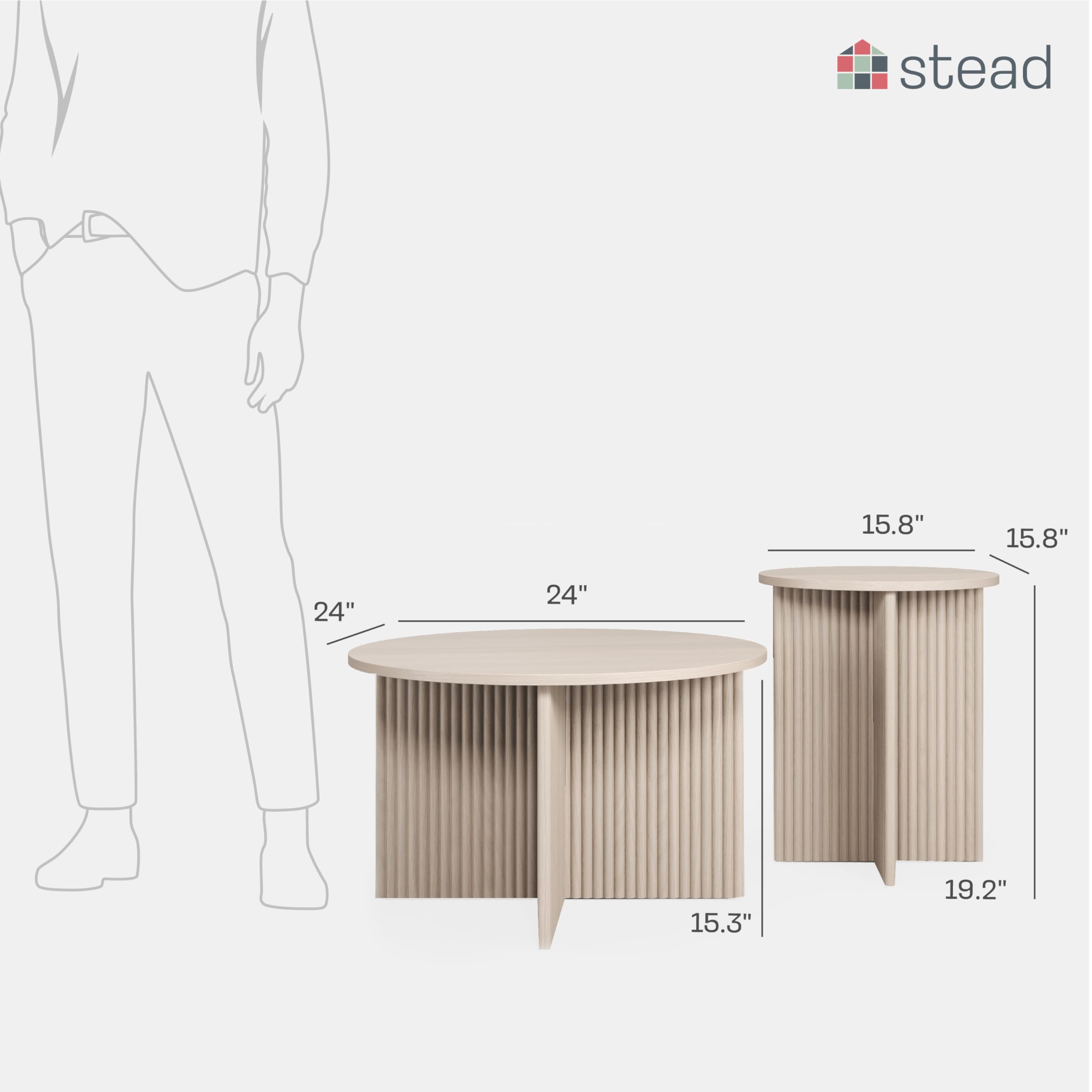 Round Fluted Nesting Coffee Table Set of 2 - Modern Solid Wood Base with Wood Grain Veneer Top in Weathered White - Stylish Living Room Furniture for Small Spaces & Home Decor - Perfect for Apartments, Lounges and Cozy Living Areas