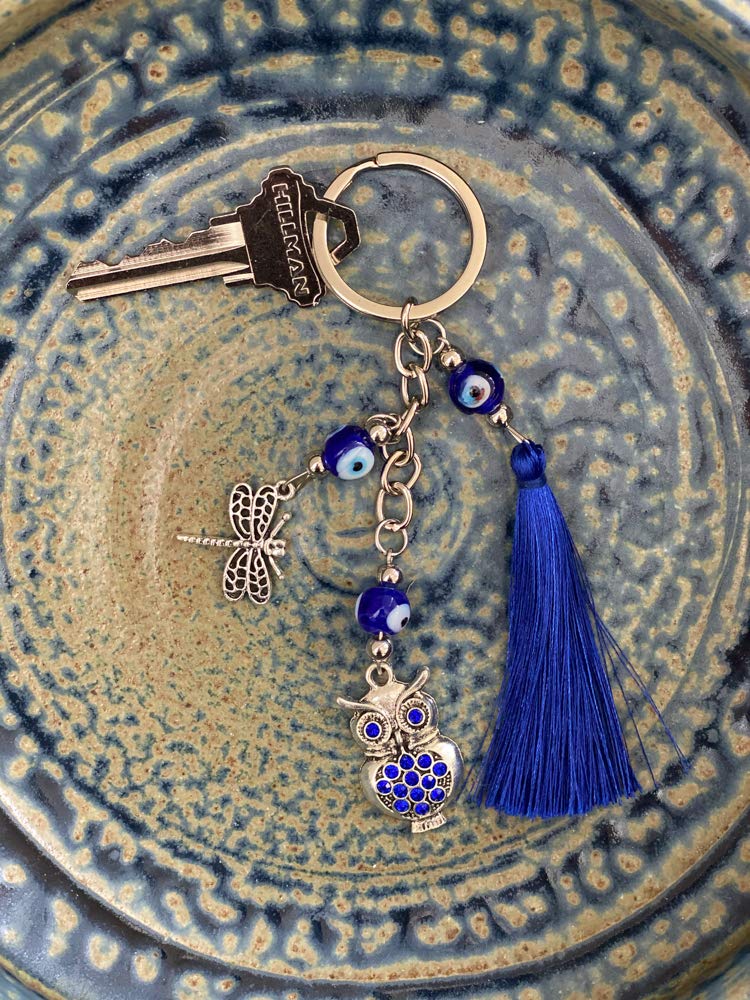 Lucky Dragonfly & Owl Keychain with Blue Crystal, Tassel & Evil Eye Bead - Good Fortune Charm for Home, Bags & Car Mirror (2”x5.5”) - Perfect Gift for Protection & Blessings in Daily Life