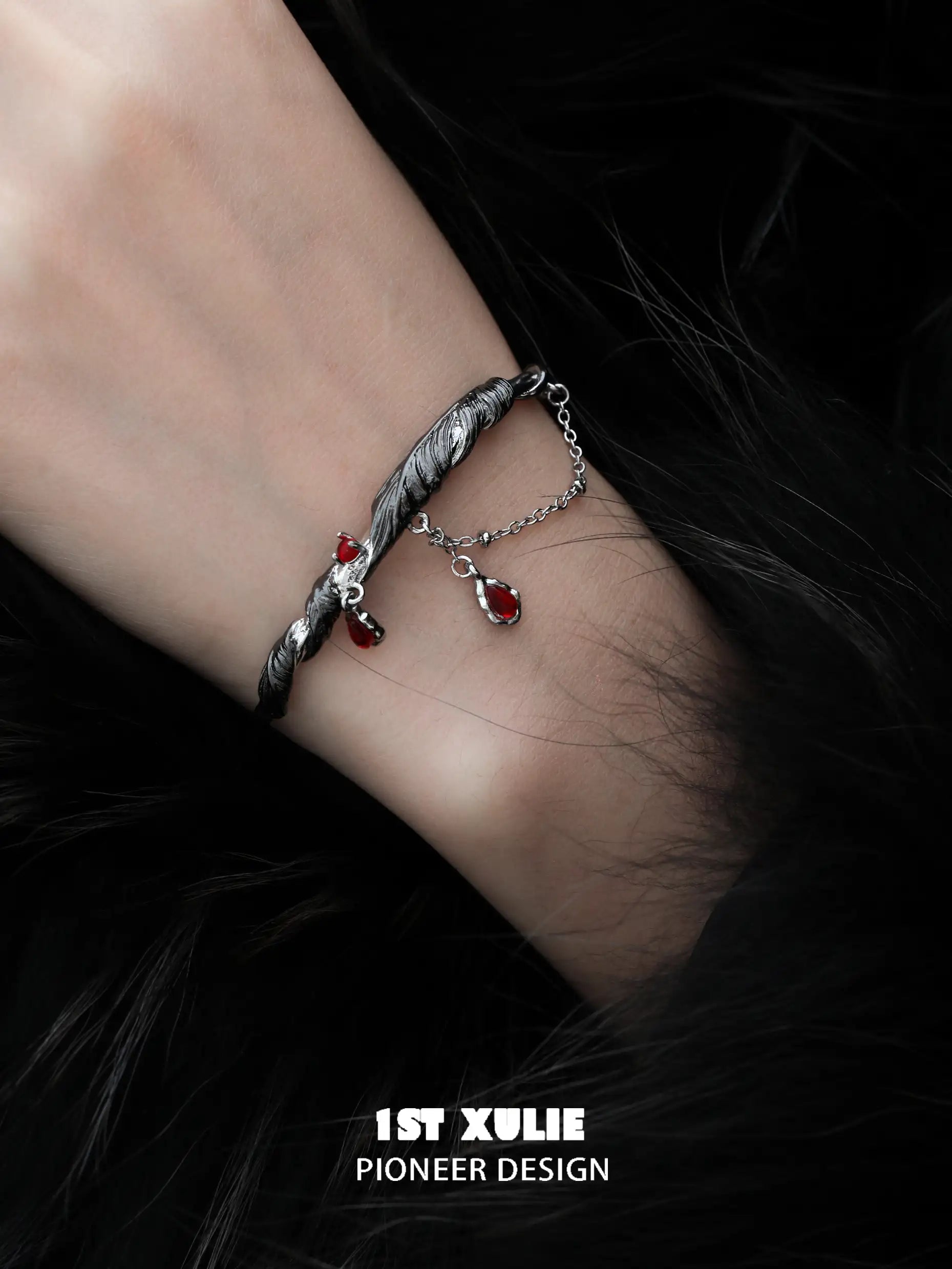 Lucifer Red Crystal 18K Black Gold Charm Bangle Bracelet for Women - Elegant Luxury Jewelry Gift for Anniversary, Birthday & Special Occasions