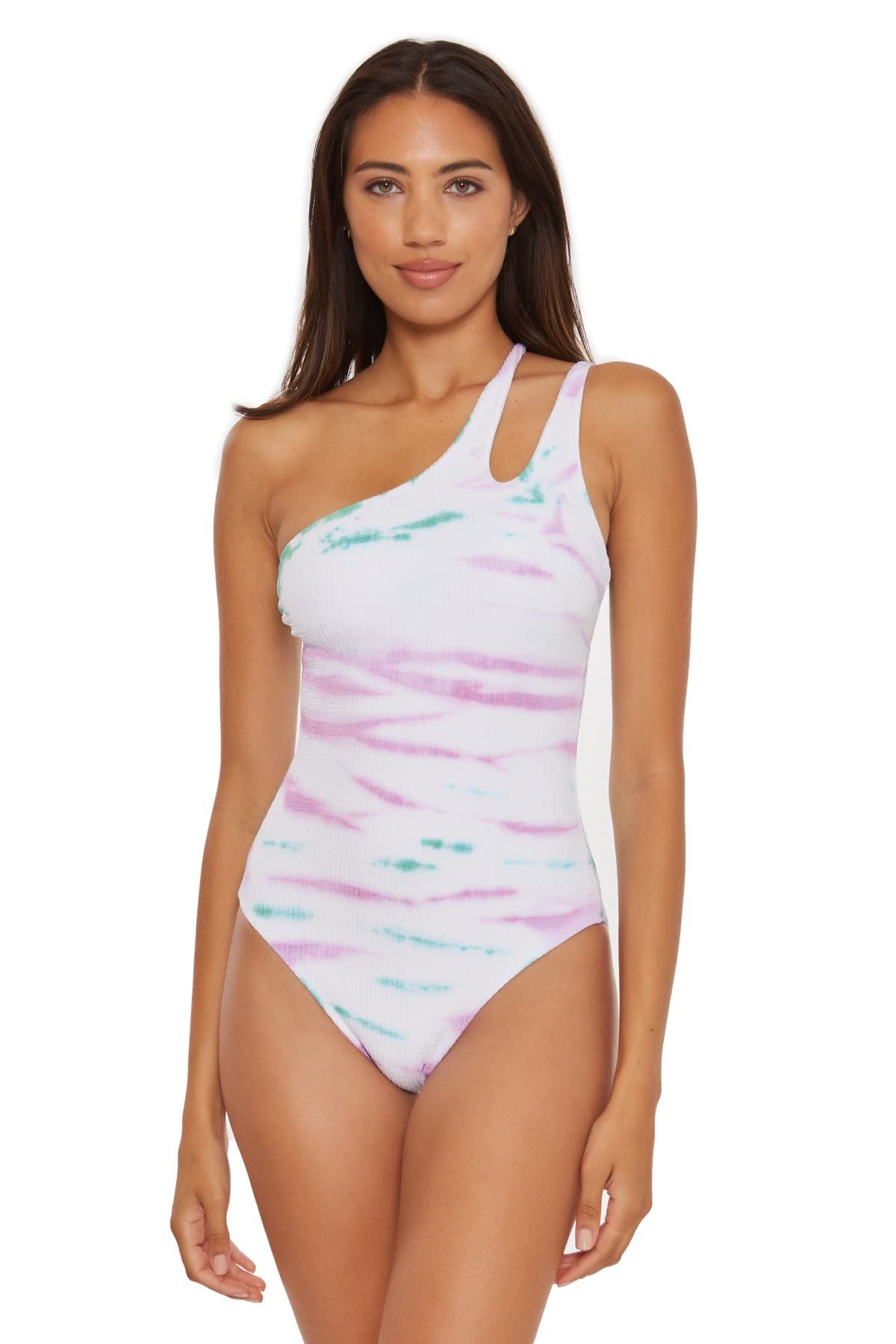 Becca by Rebecca Virtue Iconic Violet Pucker Rib Asymmetrical One-Piece Swimsuit - Sexy High-Cut Bathing Suit for Women, Perfect for Beach Vacations & Pool Parties