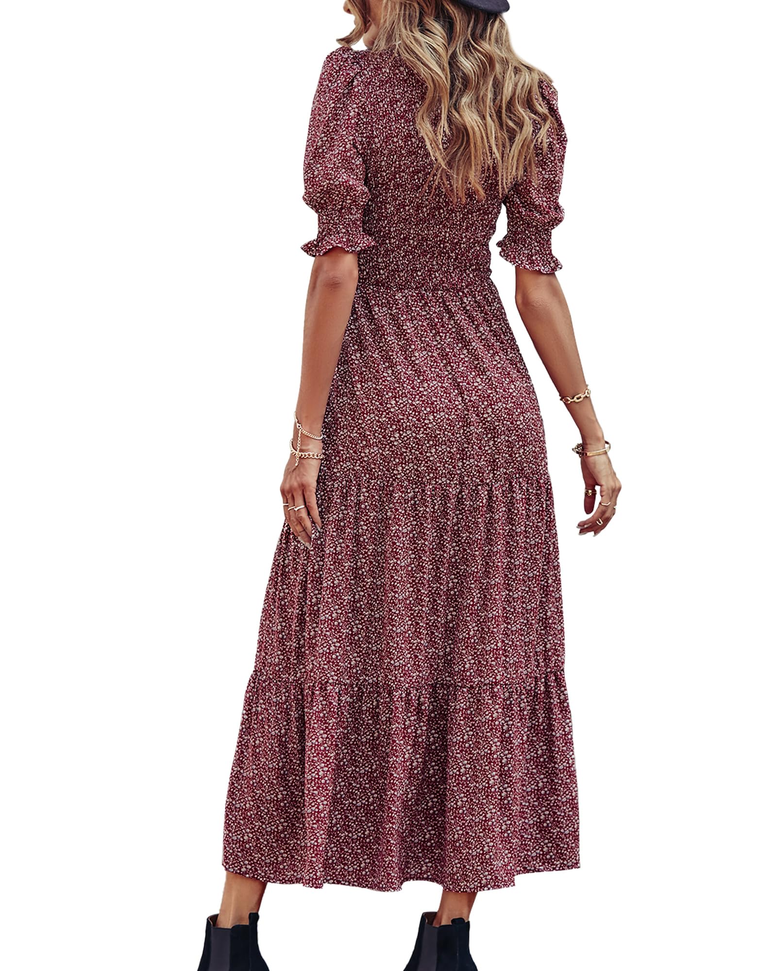 BTFBM Women's Floral Print Boho Maxi Dress - Crew Neck, Ruffle Short Sleeve, Smocked Waist, Flowy Summer Dress for Beach, Vacation & Casual Wear 2025