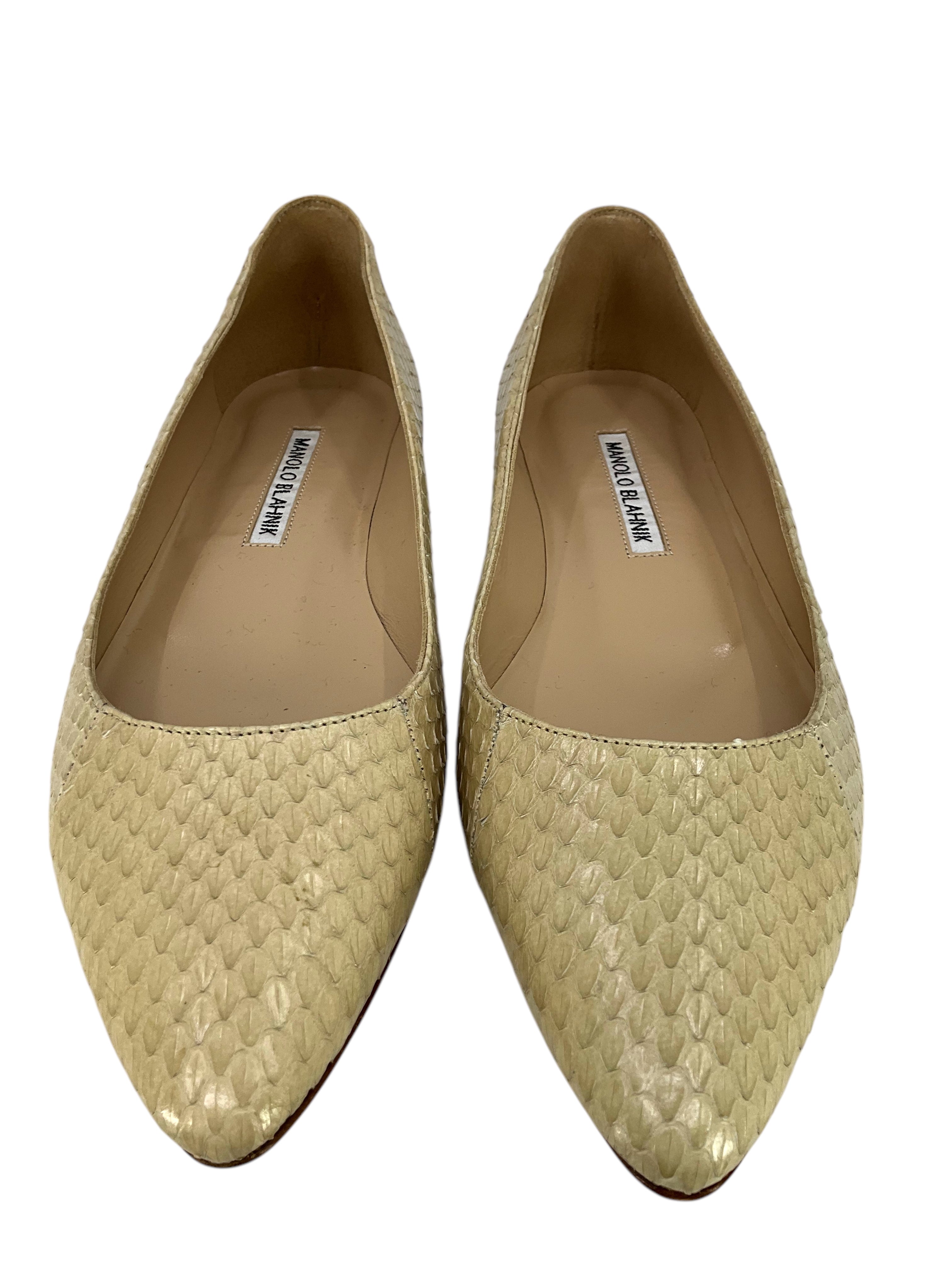 Manolo Blahnik BB Ballerina Flats - Women's Size 7 Genuine Snakeskin Leather Pointed Toe Ballet Shoes for Work, Party & Special Occasions