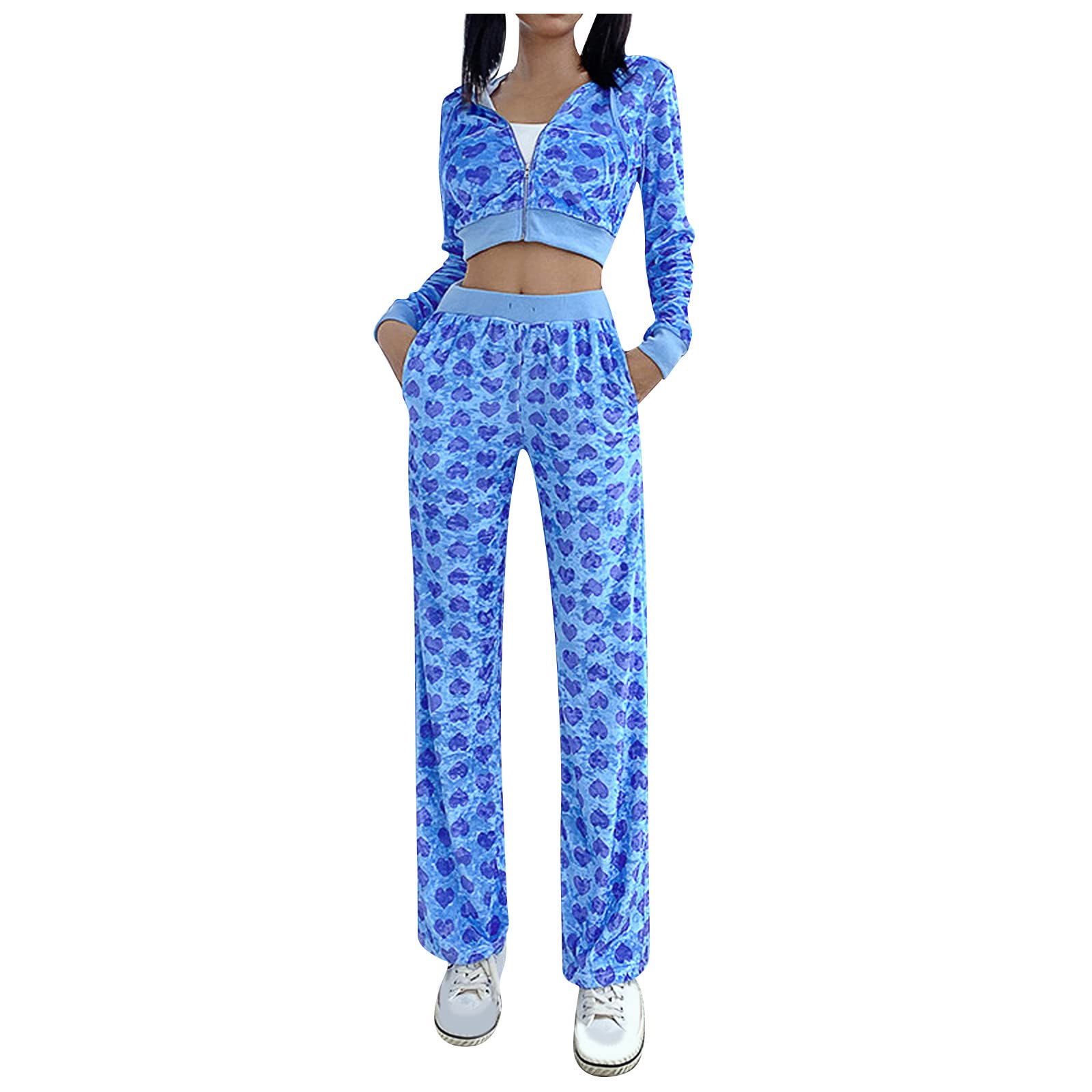 SERYU Women's 2 Piece Outfit Set - Pink Heart Print Velvet Crop Hoodie & Long Pants Y2K Cute Sweatsuit for Casual Wear, Street Fashion & Loungewear