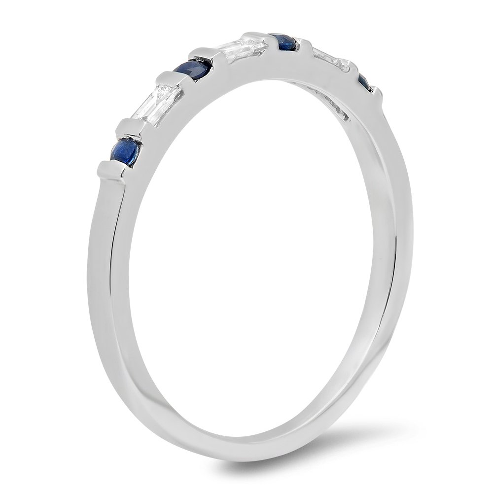 18K Solid White Gold Blue Sapphire & White Diamond Stackable Wedding Band Ring for Women - Anniversary, Engagement, Bridal Jewelry Gift - Perfect for Stacking, Everyday Wear & Special Occasions