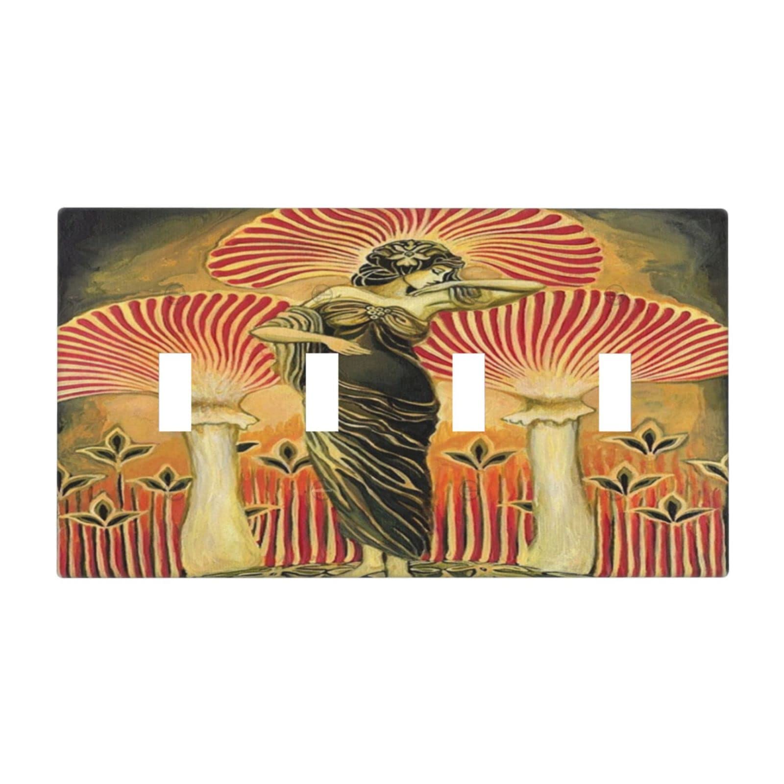 Vintage Cartoon Print 4-Gang Toggle Light Switch Plate Cover - Soma Goddess Mushroom Design Wall Decor for Living Room, Bedroom, Office & School - Durable Outlet Covers with Unique Artwork - Perfect for Home Renovation and Gift Giving