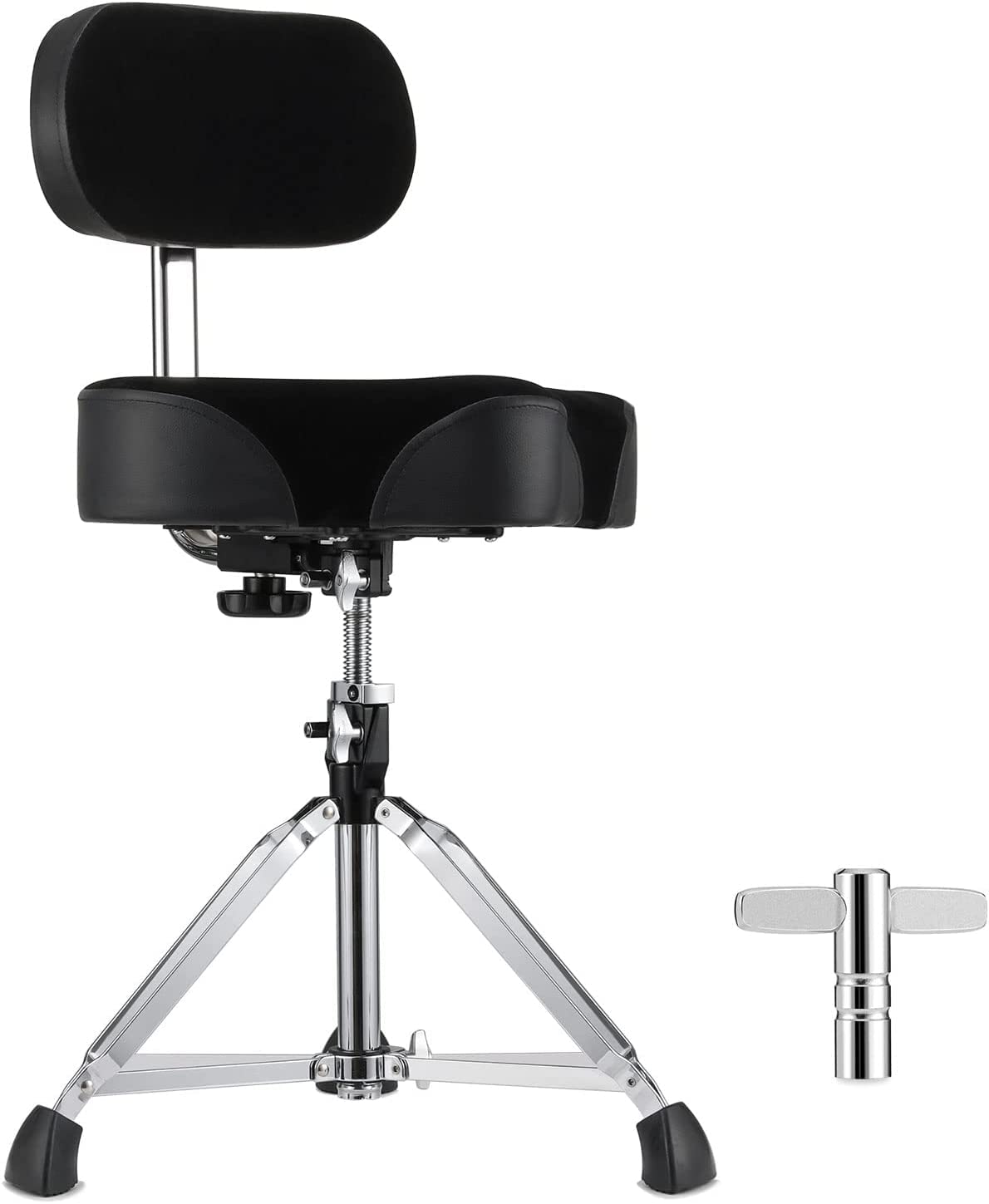 Premium Adjustable Drum Throne with Backrest - Heavy Duty Drum Stool Seat for Drummers, Musicians & Motorcycle Style Enthusiasts - Double Braced Tripod Base & Includes Free Drum Key (ST-600) - Perfect for Live Performances, Studio Recording & Drum Practice Sessions
