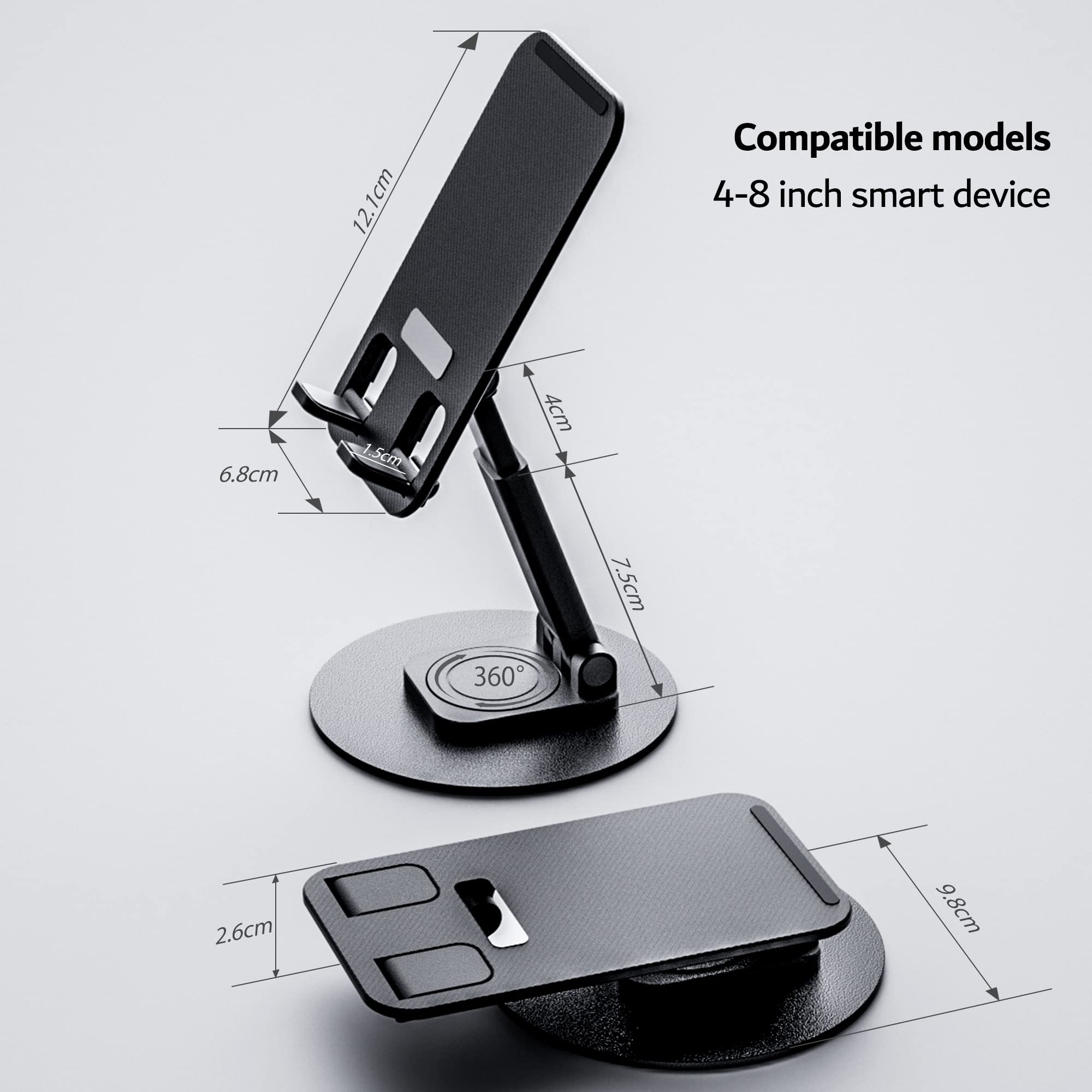 PZOZ 360° Rotating Phone Stand for Desk - Adjustable iPhone & Smartphone Holder for Video Recording, Live Streaming, and Hands-Free Viewing - Perfect for Home, Office, and Travel (Black)