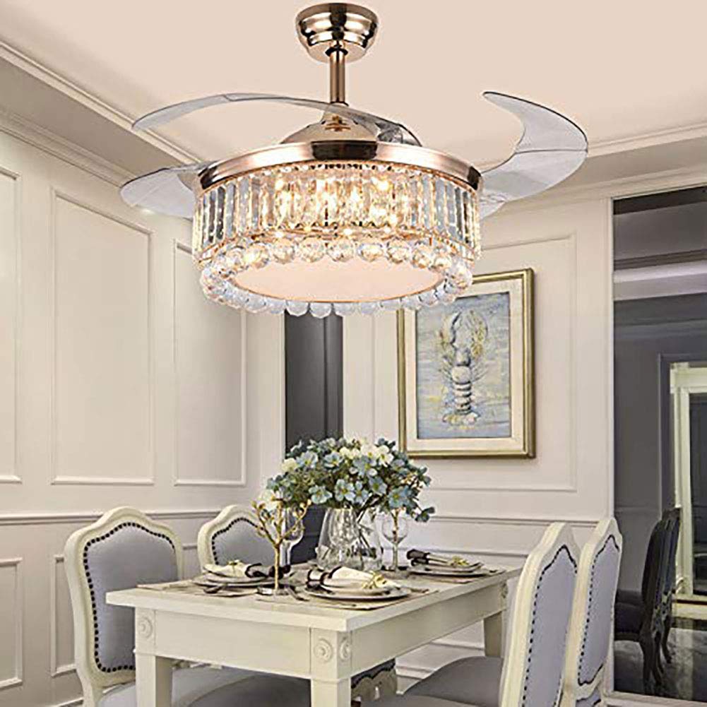 42 Inch Crystal Ceiling Fan with LED Lights & Remote Control - Retractable Blades, 3 Color Temperatures, 3 Speed Settings - Modern Chandelier Fan for Living Room, Bedroom, Kitchen & Restaurant | Energy Efficient Cooling & Stylish Lighting Solution