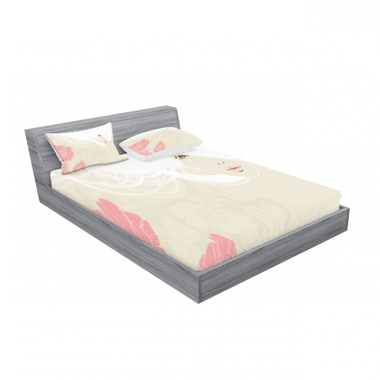 Ambesonne 2-Pack Queen Size Fitted Sheet & Pillow Sham Set - Floral Romantic Bridal Bedding Collection (4-Piece, Beige & Pink) | Soft Luxury Sheets for Master Bedroom, Guest Room & Wedding Decor