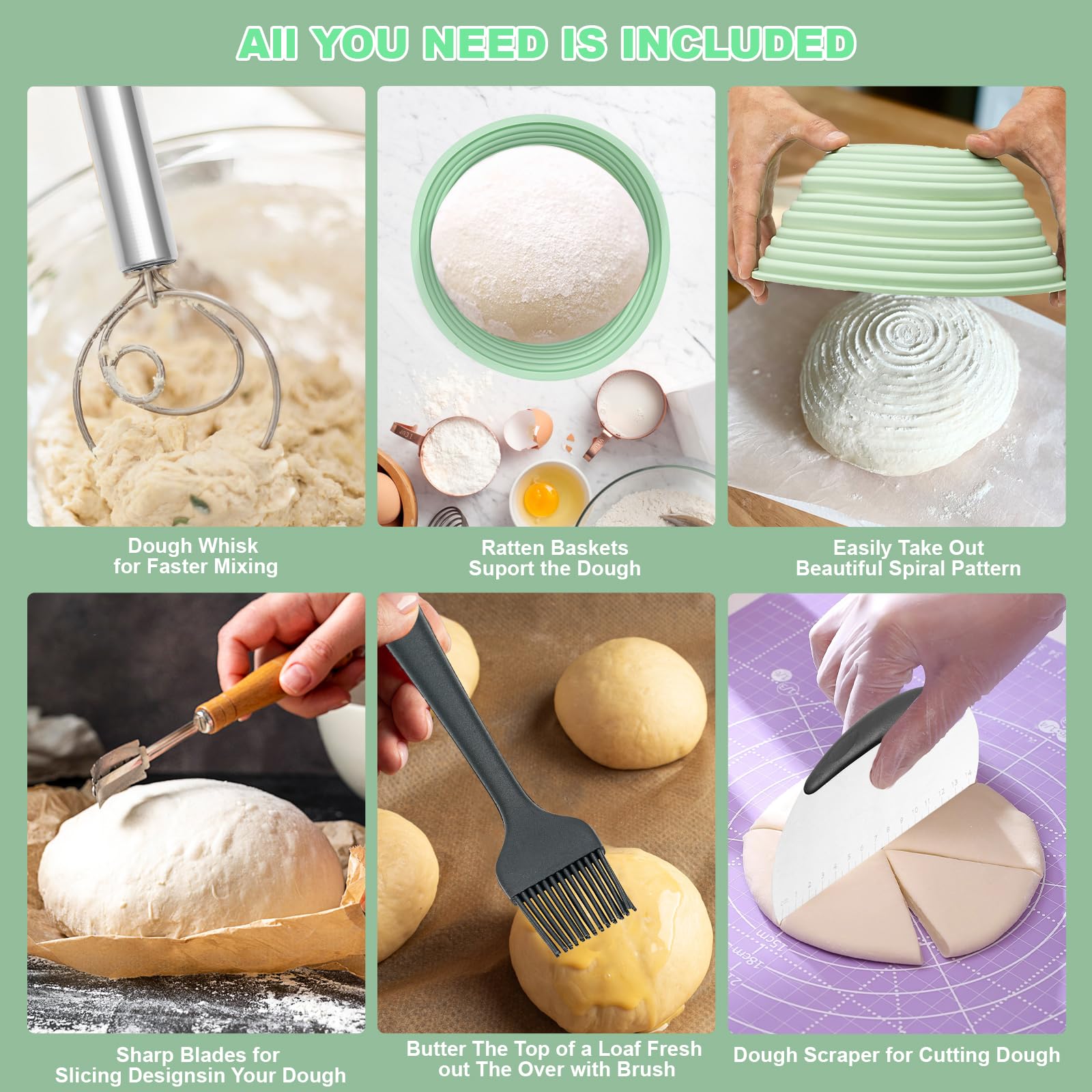 Premium Sourdough Bread Baking Kit - 2-Pack Silicone Banneton Proofing Baskets (9