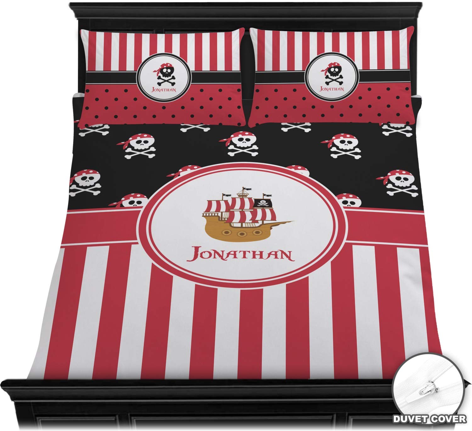Personalized Pirate & Stripes Duvet Cover Set - Full/Queen Size Bedding - Perfect for Themed Bedrooms, Kids Rooms & Nautical Decor
