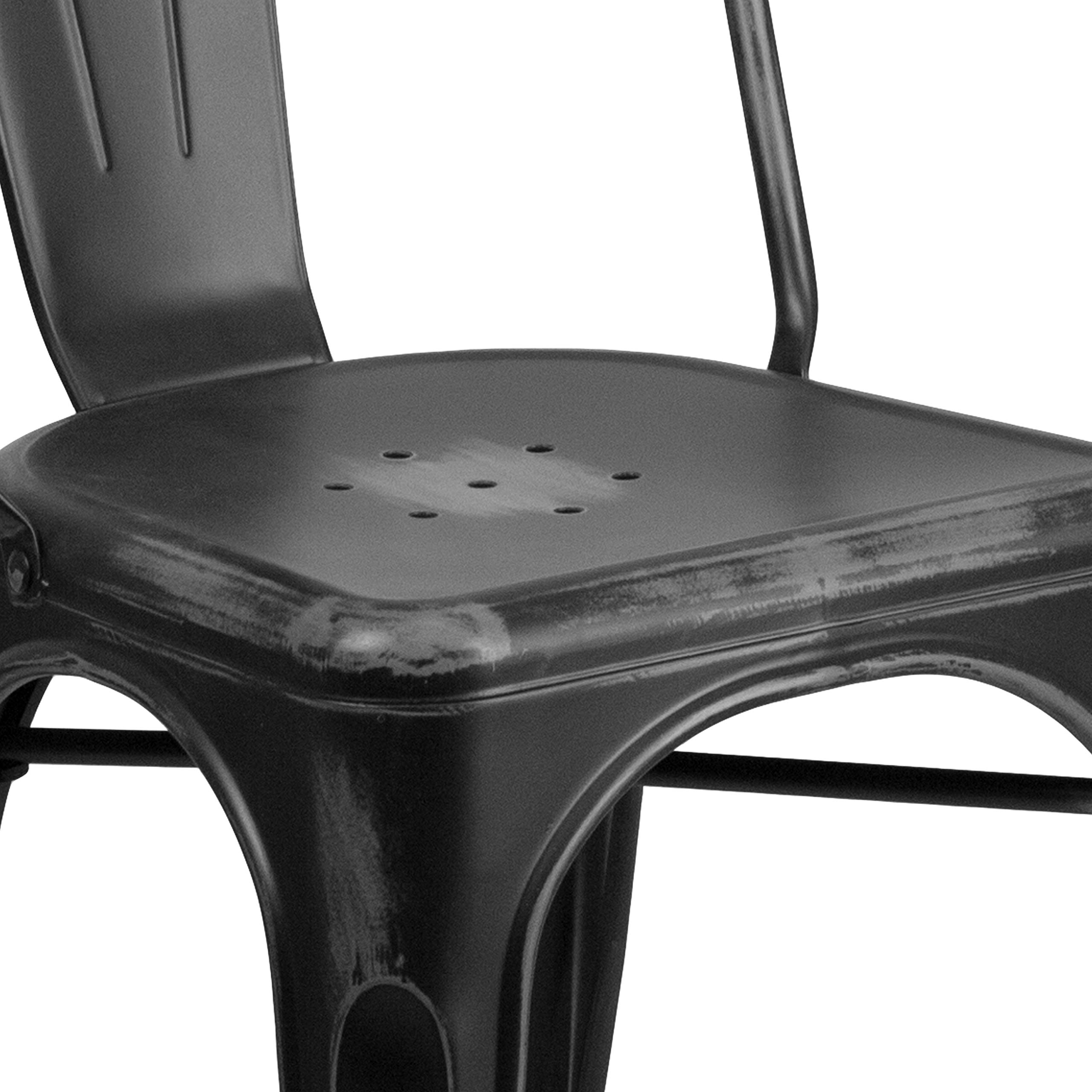 4 Pack Distressed Black Metal Stackable Chairs for Indoor & Outdoor Use - Rustic Kitchen Dining Chairs, Patio Furniture, Restaurant & Cafe Seating