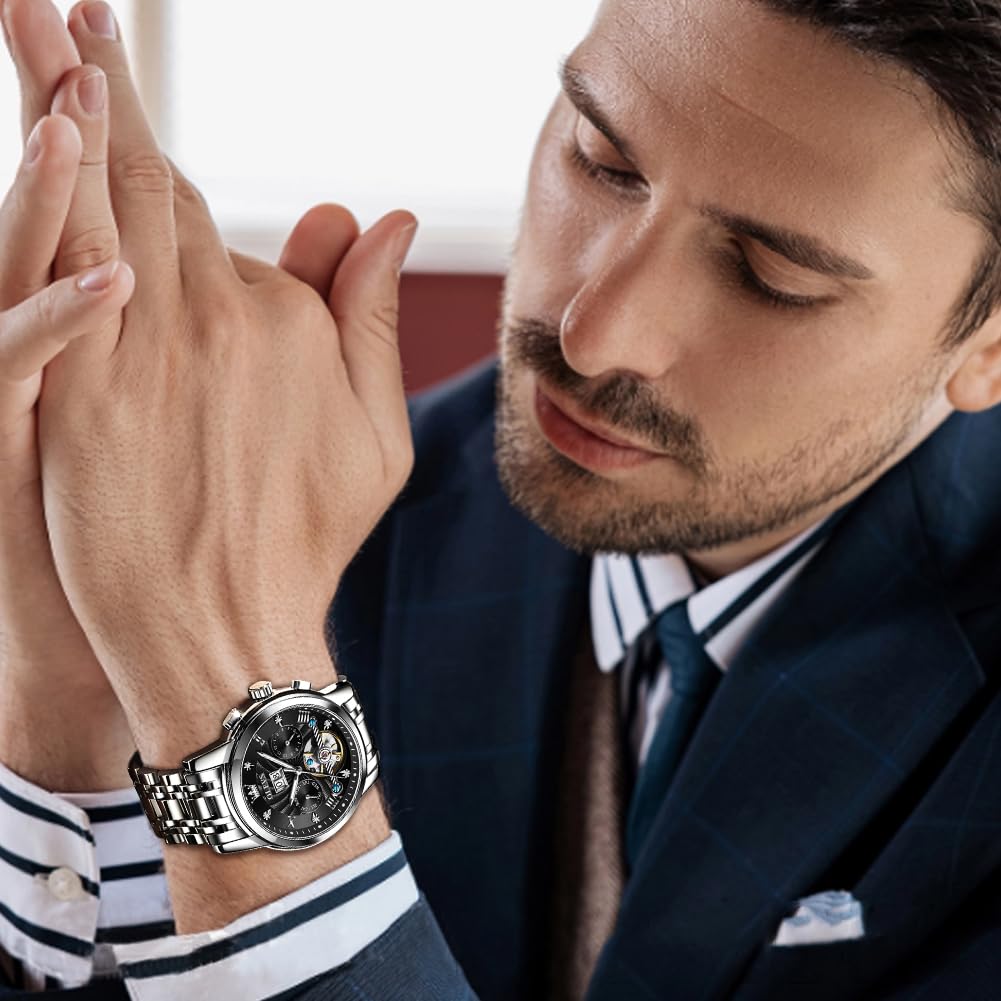 OLEVS Men's Automatic Self-Winding Tourbillon Watch - Luxury Stainless Steel Dress Watch with Luminous Hands & Waterproof Design - Perfect for Business, Formal Events & Everyday Wear