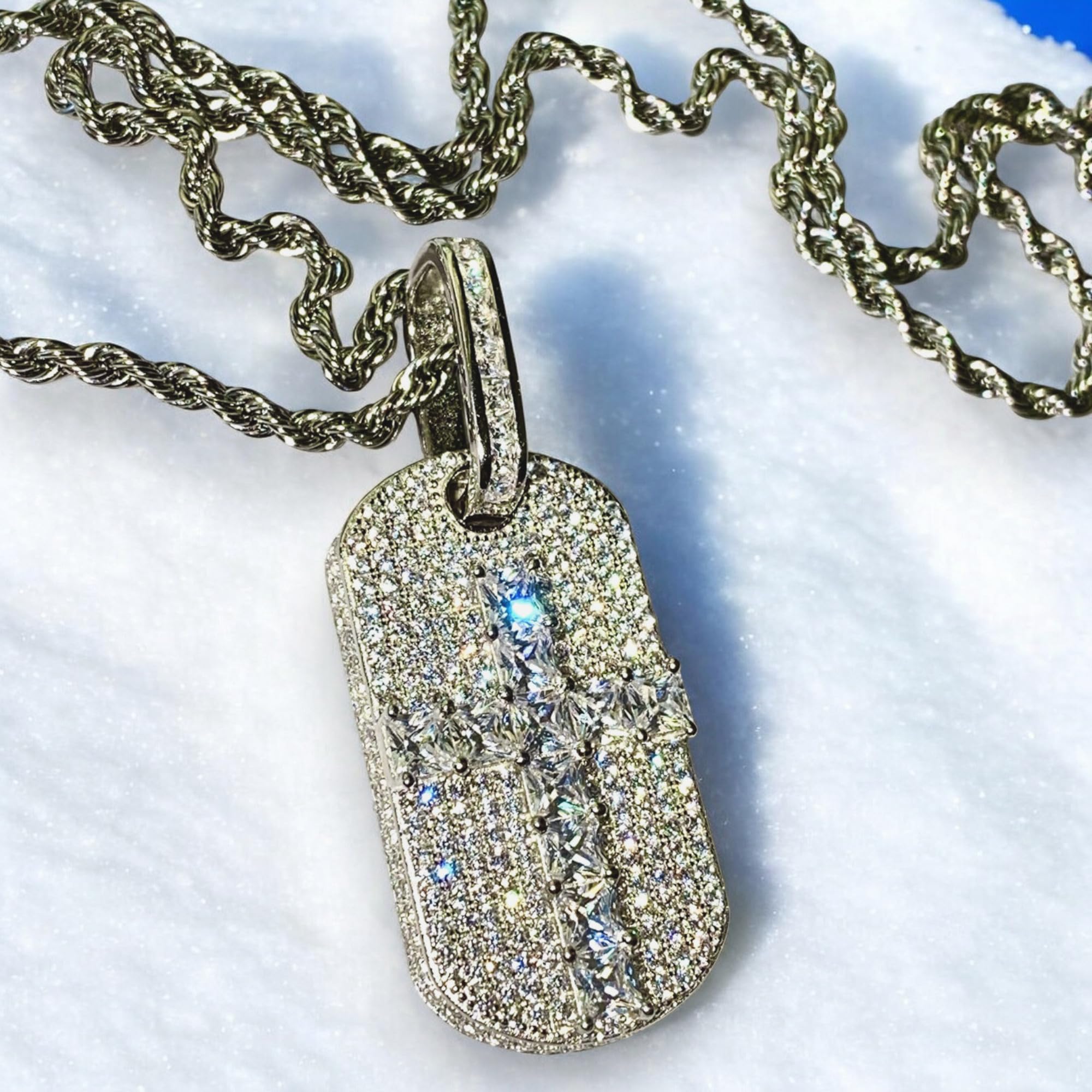 925 Sterling Silver Iced Out Dog Tag Pendant Necklace for Men & Women - Stainless Steel 2mm Rope Chain 16