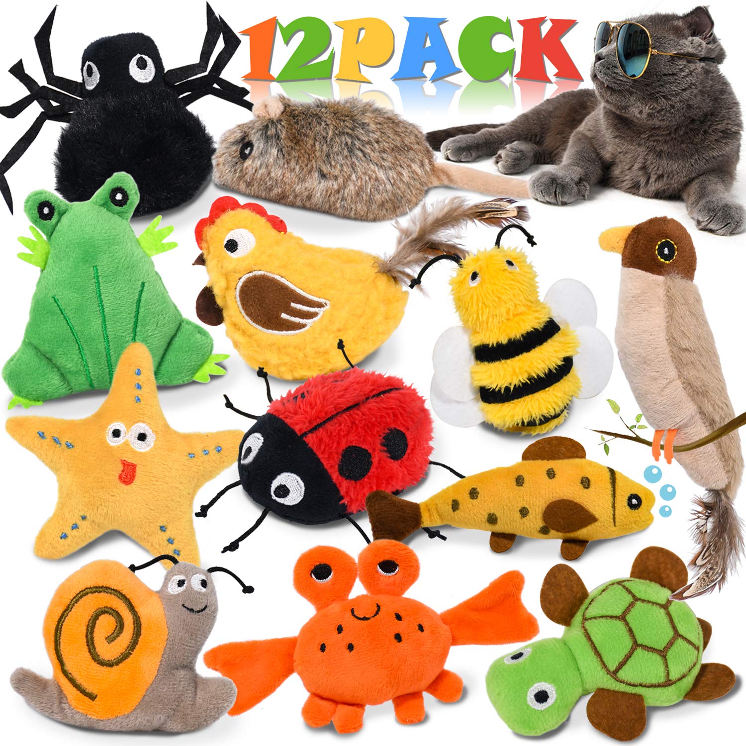 12 Pack Interactive Catnip Toys for Indoor Cats - Crinkle, Squeaky, Bite-Resistant Chew Toys with Rattle for Aggressive Chewers | Stress Relief Kitten Toys for Playtime & Anxiety Relief (Great for Solo Play & Bonding)
